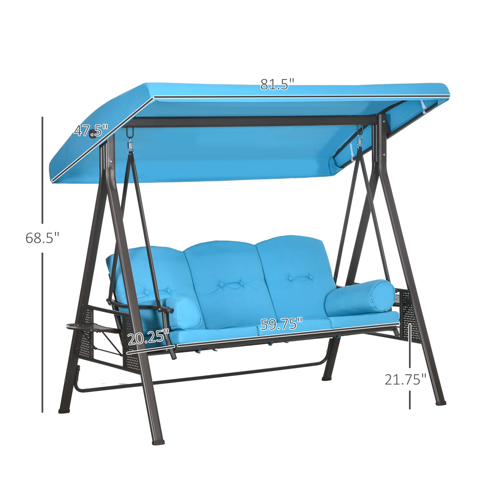 3-Seat Outdoor Porch Swing Chair with Adjustable Canopy, Cushion & Pillows, Blue - Image 5