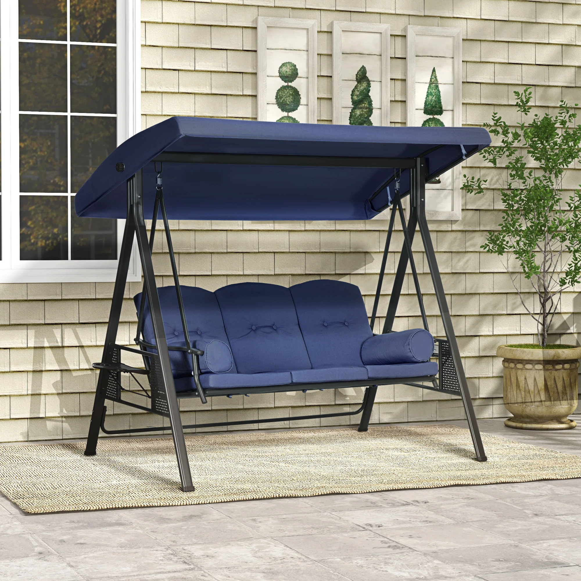 3-Seat Outdoor Porch Swing Chair with Adjustable Canopy, Cushion and Pillows, Dark Blue - Image 3