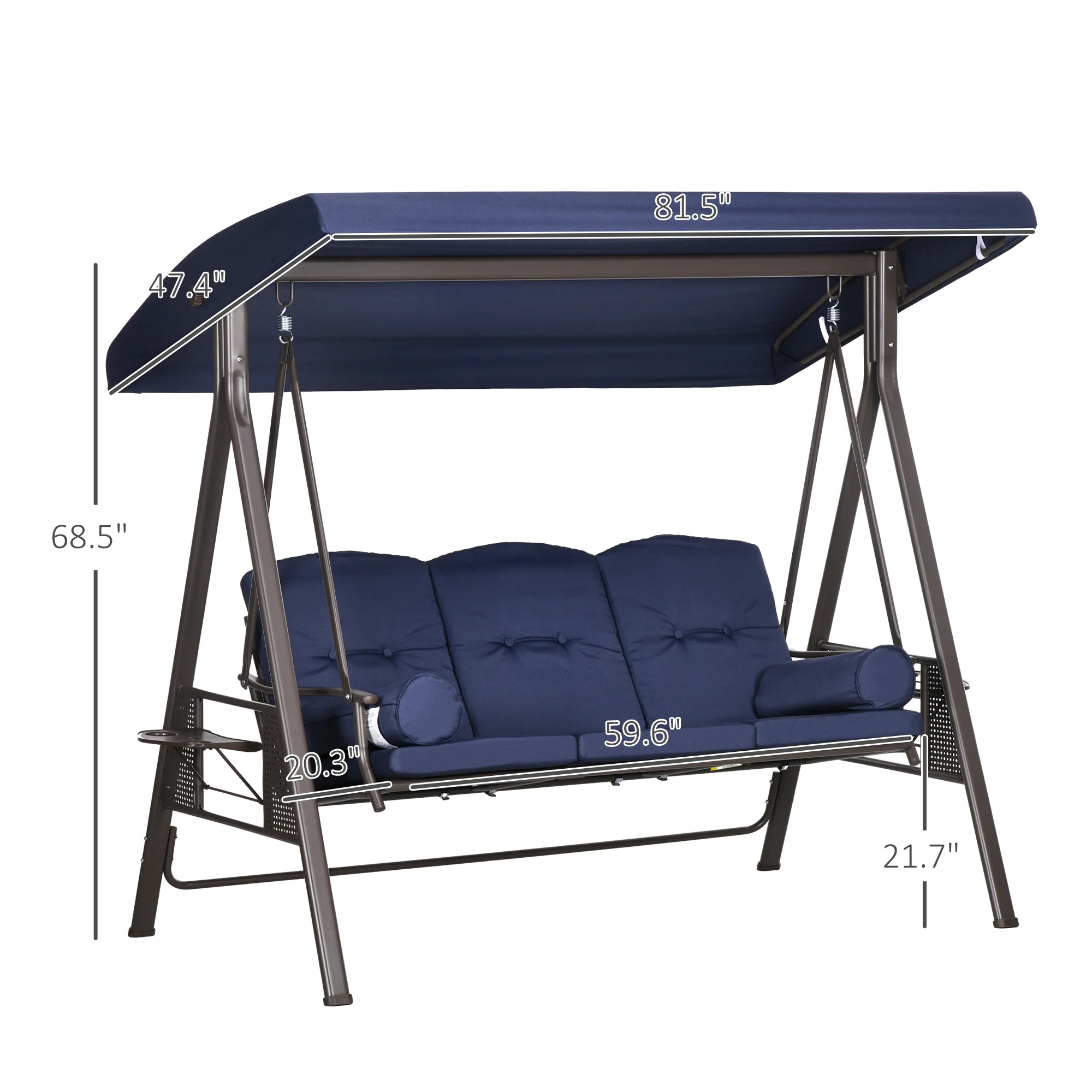 3-Seat Outdoor Porch Swing Chair with Adjustable Canopy, Cushion and Pillows, Dark Blue - Image 5