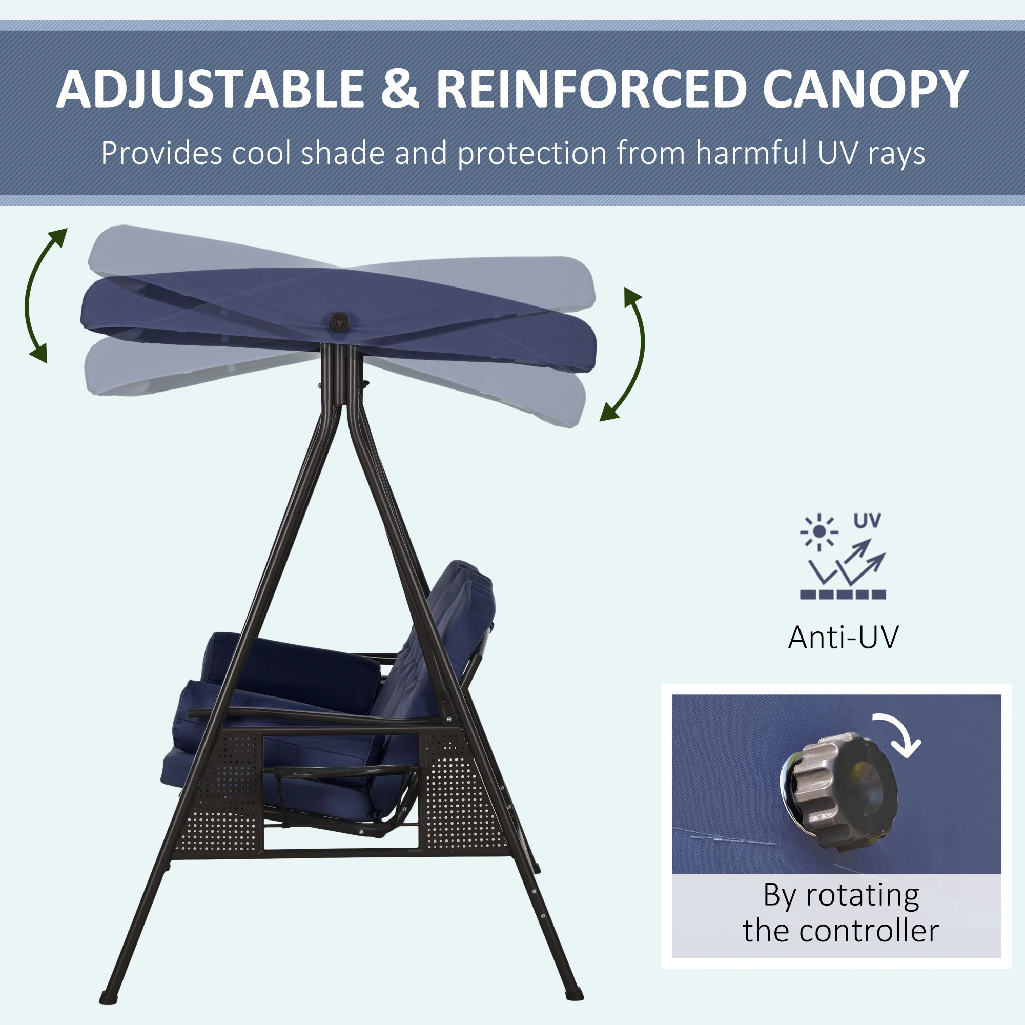 3-Seat Outdoor Porch Swing Chair with Adjustable Canopy, Cushion and Pillows, Dark Blue - Image 6