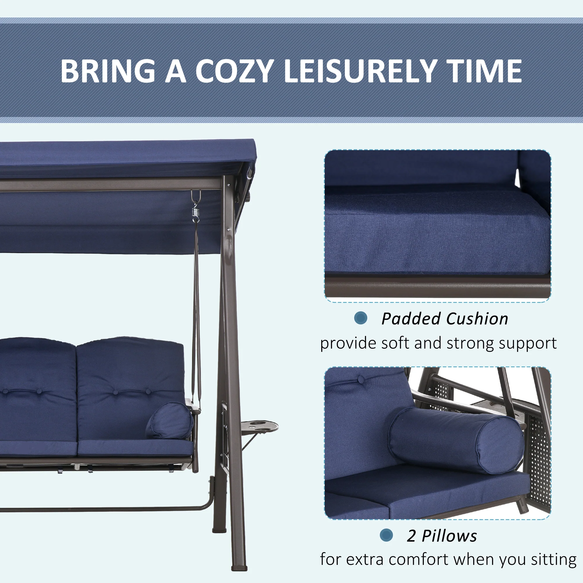 3-Seat Outdoor Porch Swing Chair with Adjustable Canopy, Cushion and Pillows, Dark Blue - Image 8