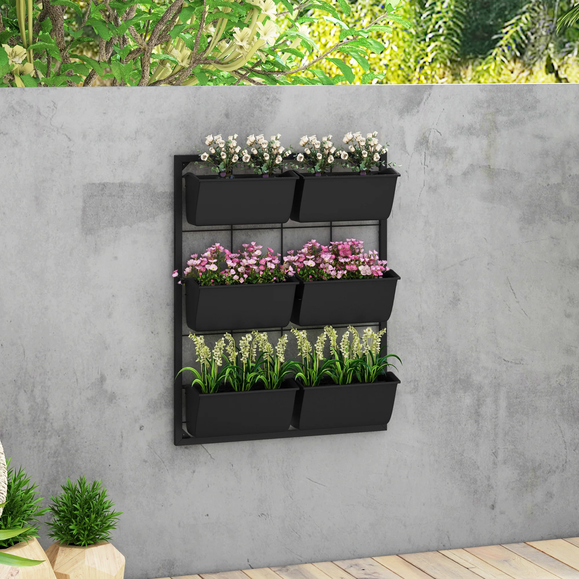 3-Tier Wall Planter with 6 Pots for Indoor and Outdoor Use, Hanging Plant Holder, Self Draining Wall Mounted Planter for Vegetables, Flowers, Herbs, Black - Image 4