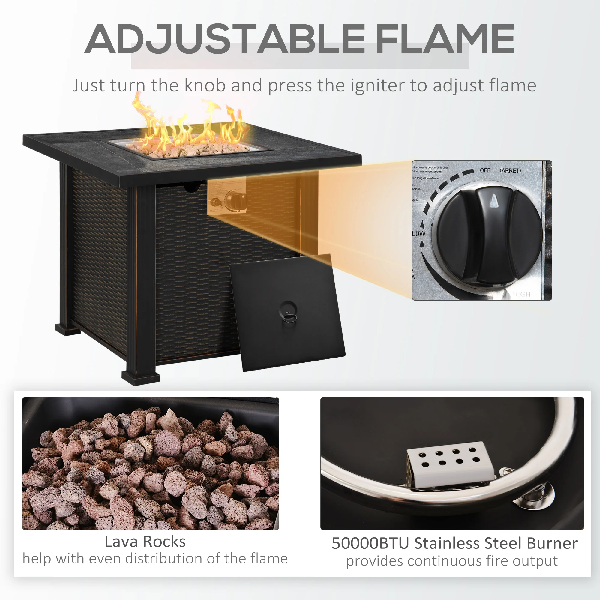 30in Square Gas Fire Pit Table with Auto-Ignition, 50,000 BTU, Ceramic Tabletop & CSA Certification - Image 8