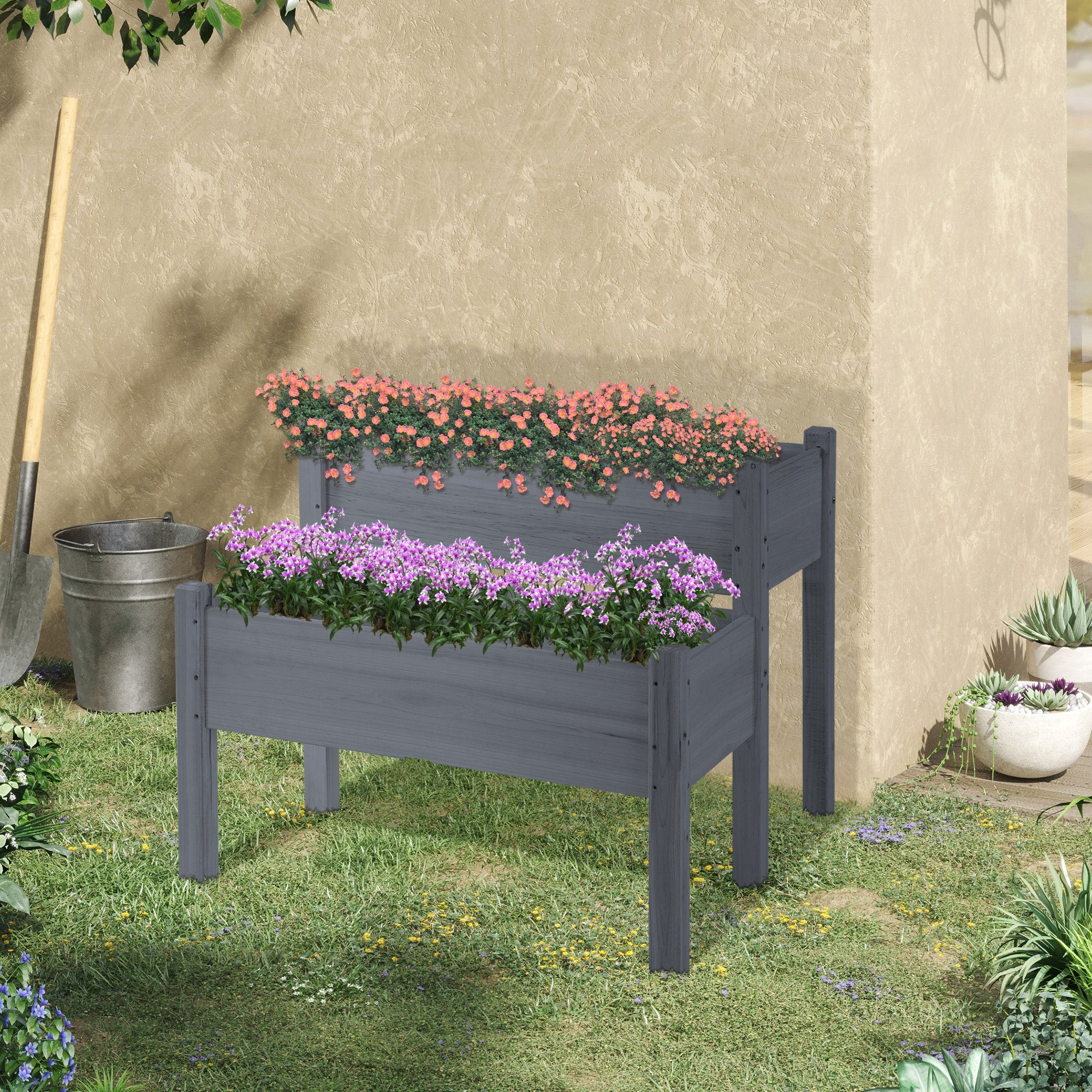 34"x34"x28" Raised Garden Bed, 2-Tier Elevated Wood Planter Box for Backyard, Patio to Grow Vegetables, Herbs, and Flowers, Gray - Image 3