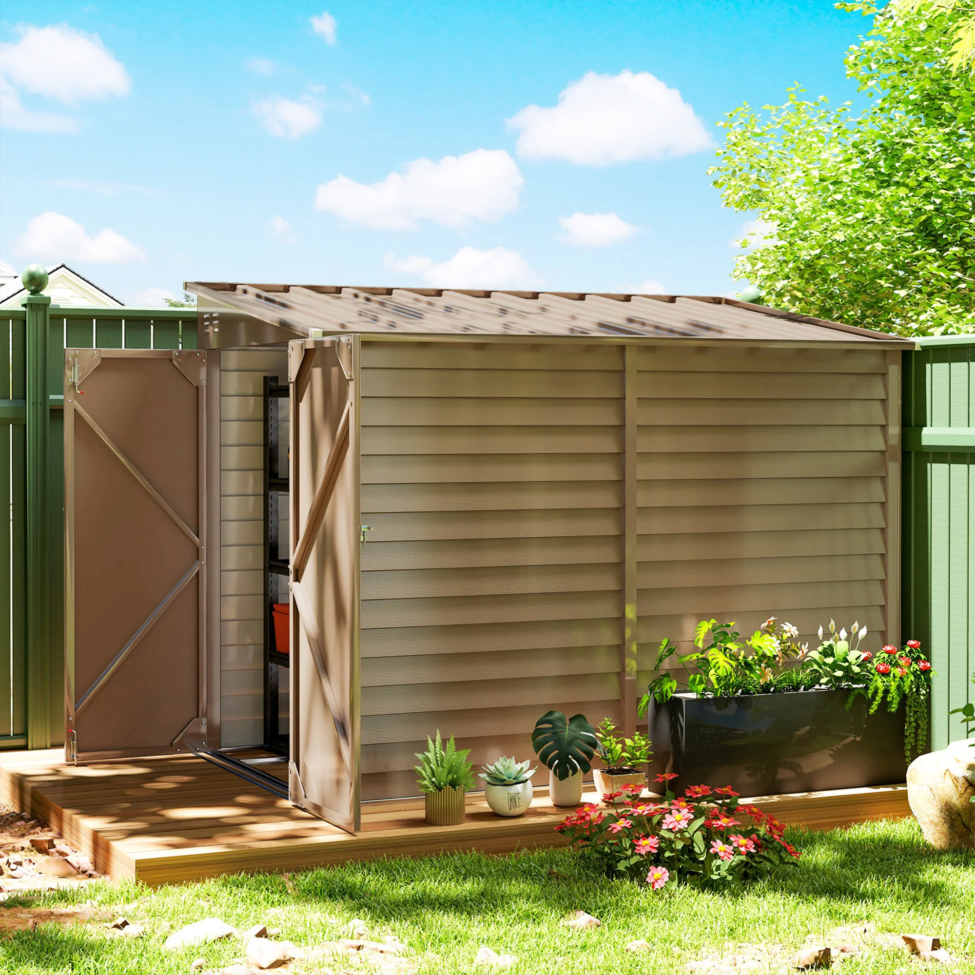 4.6' x 9' Steel Outdoor Storage Shed, with Foundation Kit, Lockable Doors and Gloves, Brown - Image 4
