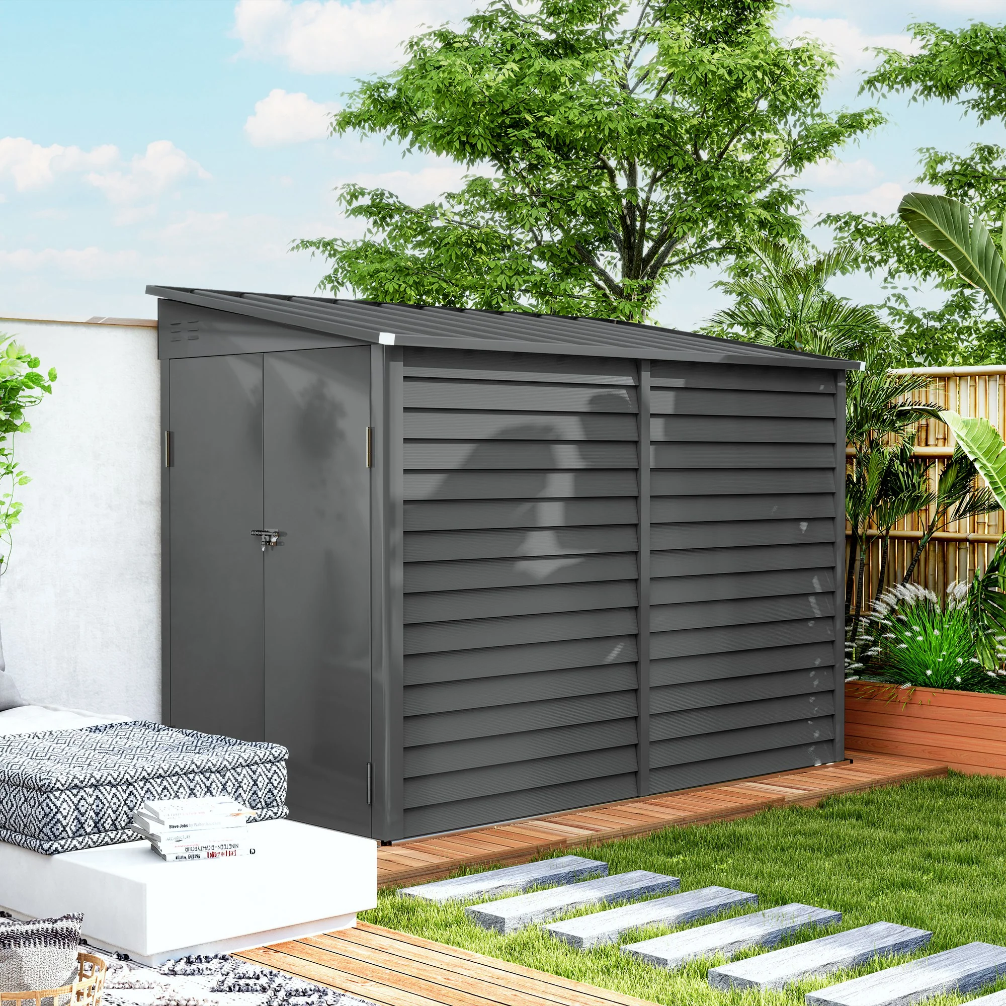 4.6' x 9' Steel Outdoor Storage Shed with Foundation Kit, Lockable Doors and Gloves, Dark Gray - Image 10