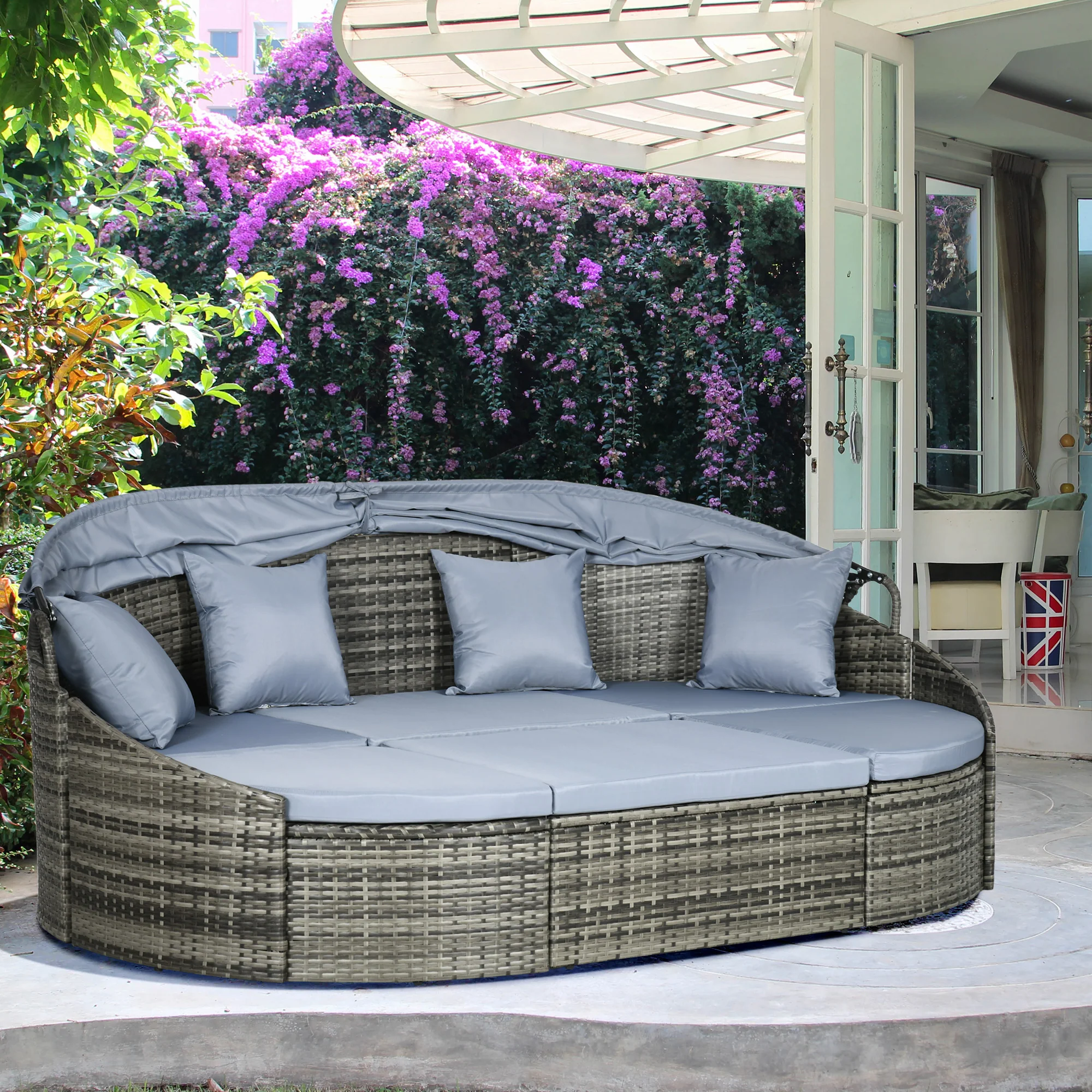 4-Piece Round Patio Daybed, Sectional Sofa with Canopy, Footrest, Table, Light Gray - Image 4