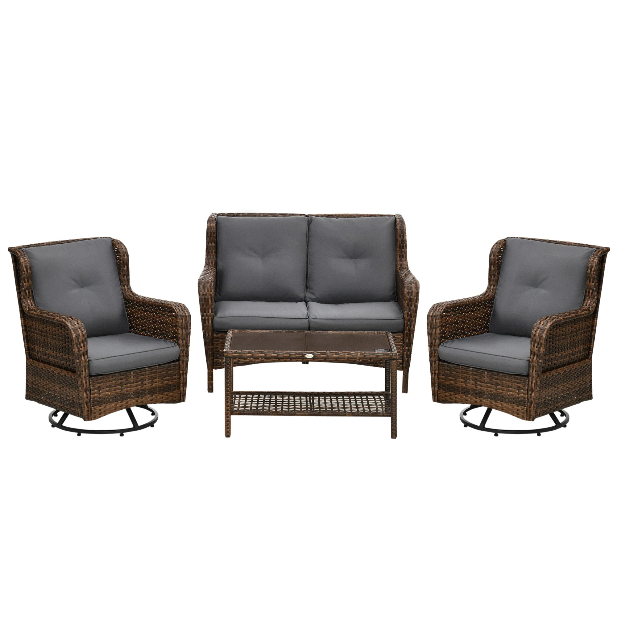 4 Piece PE Rattan Patio Furniture Set with 2 Swivel Rockers, 2-Tier Glass Table & Loveseat, Gray - Image 12