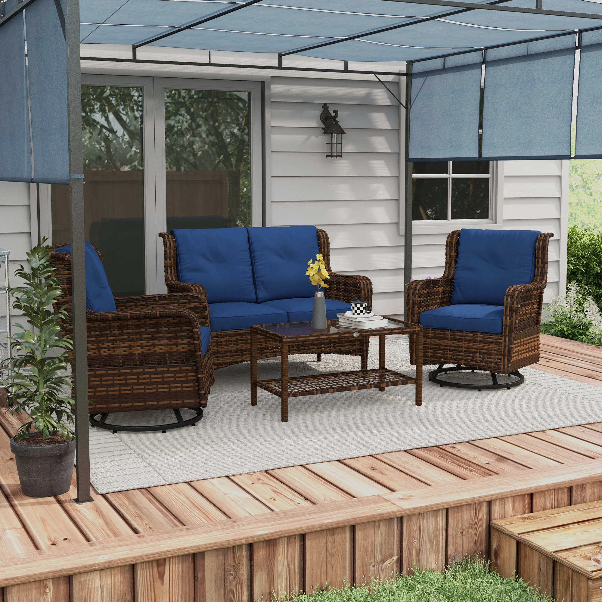 4 Piece PE Rattan Patio Furniture Set with 2 Swivel Rockers, 2-Tier Glass Table & Loveseat, Blue - Image 4