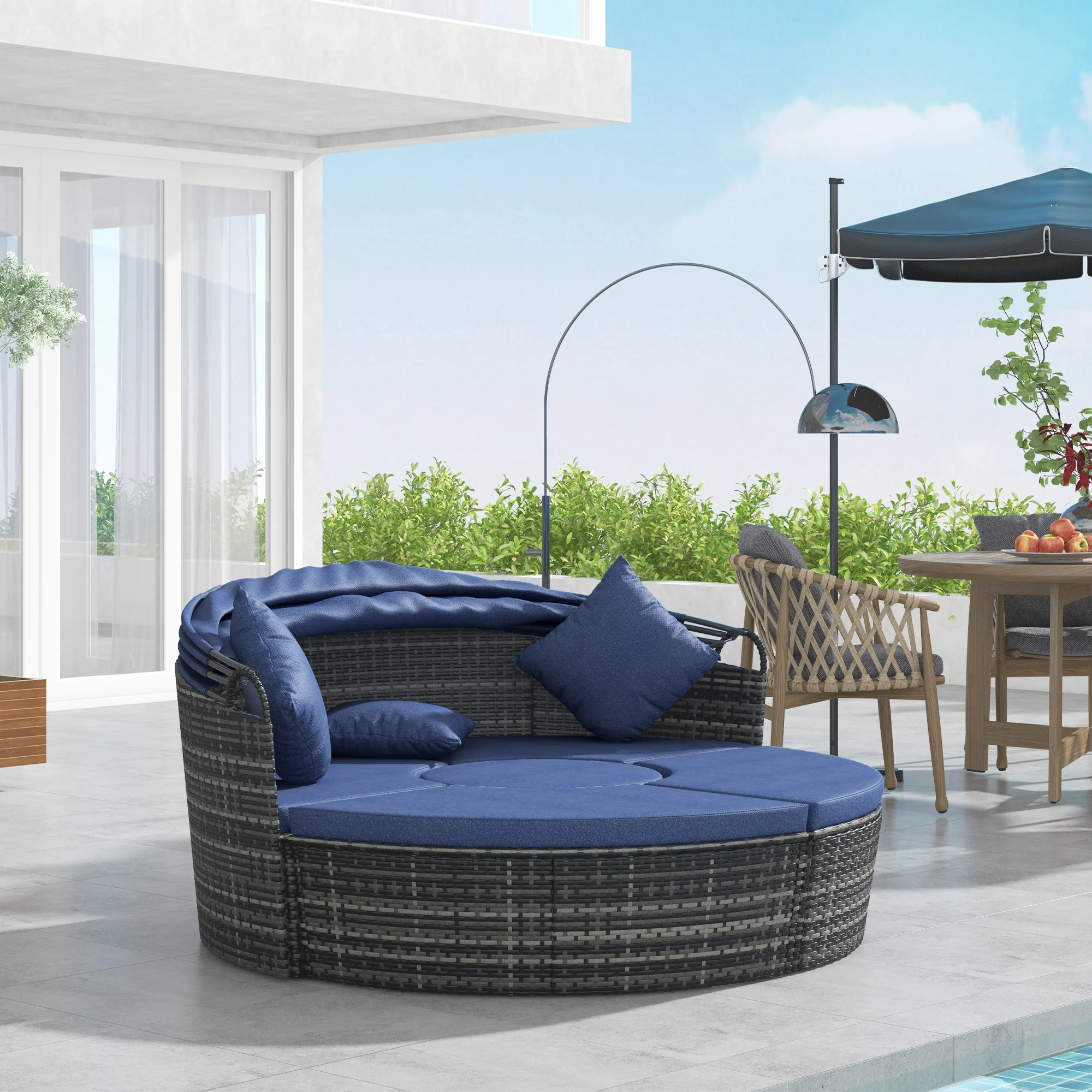 4-Piece Round Convertible Daybed with Adjustable Canopy, Sectional Sofa, 2 Chairs, Table, Dark Blue - Image 4
