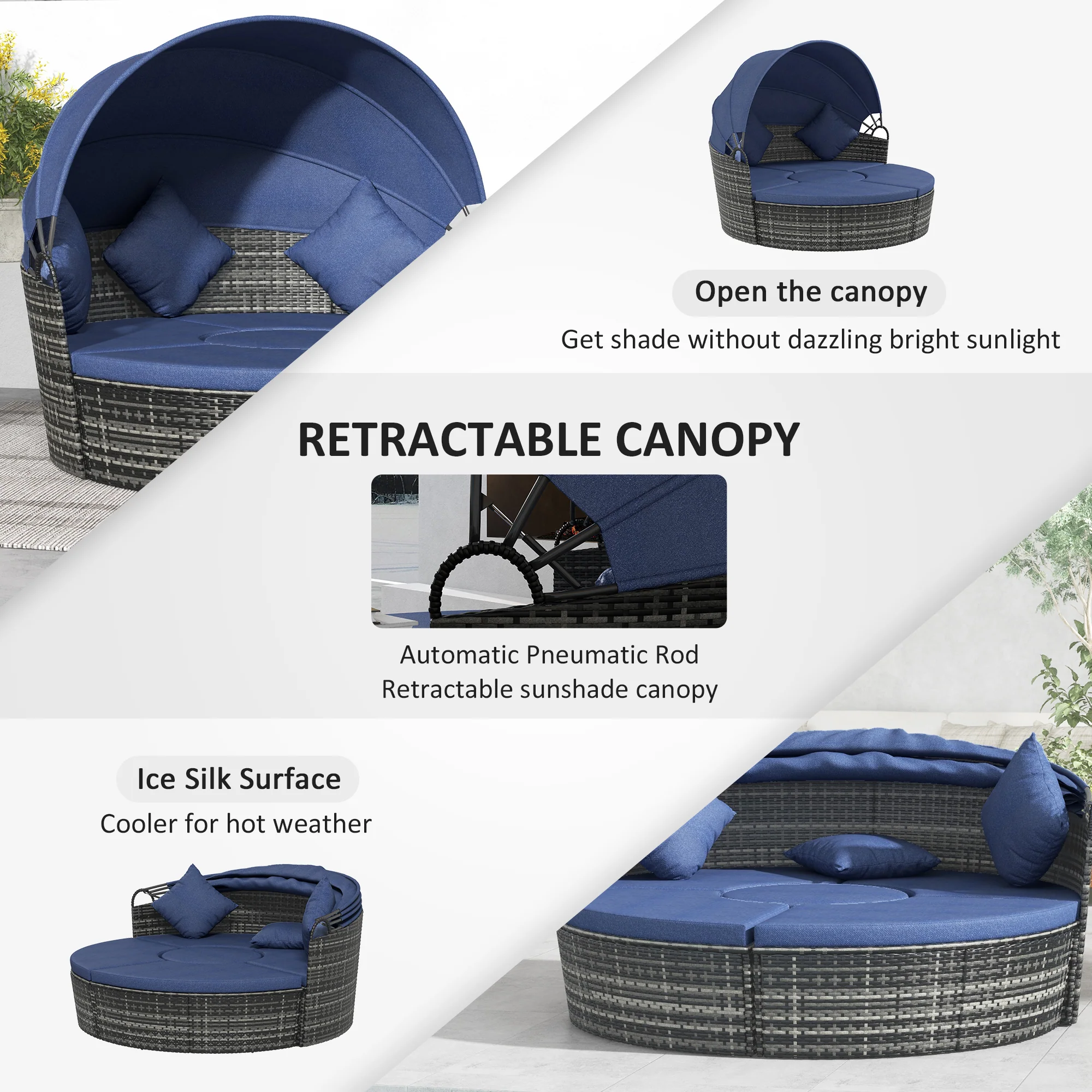 4-Piece Round Convertible Daybed with Adjustable Canopy, Sectional Sofa, 2 Chairs, Table, Dark Blue - Image 7