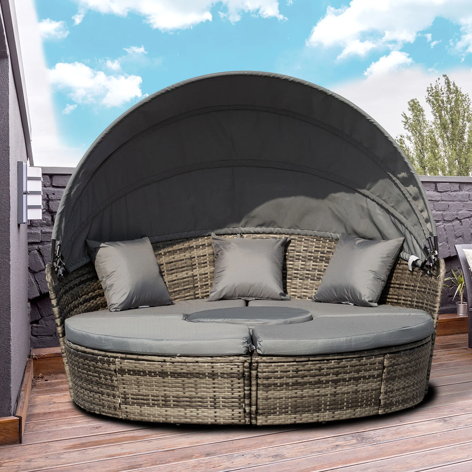 4-Piece Round Convertible Daybed with Adjustable Canopy, Sectional Sofa, 2 Chairs, Table, Gray - Image 4