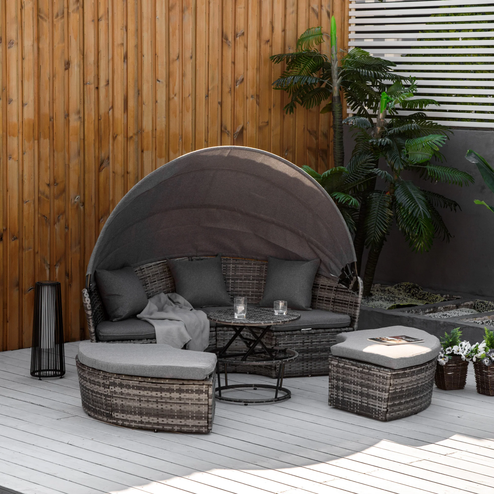 Round Outdoor Daybed with Canopy, 4-Piece Sectional Outdoor Sofa, 3 Chairs, Tea Table, Gray - Image 3