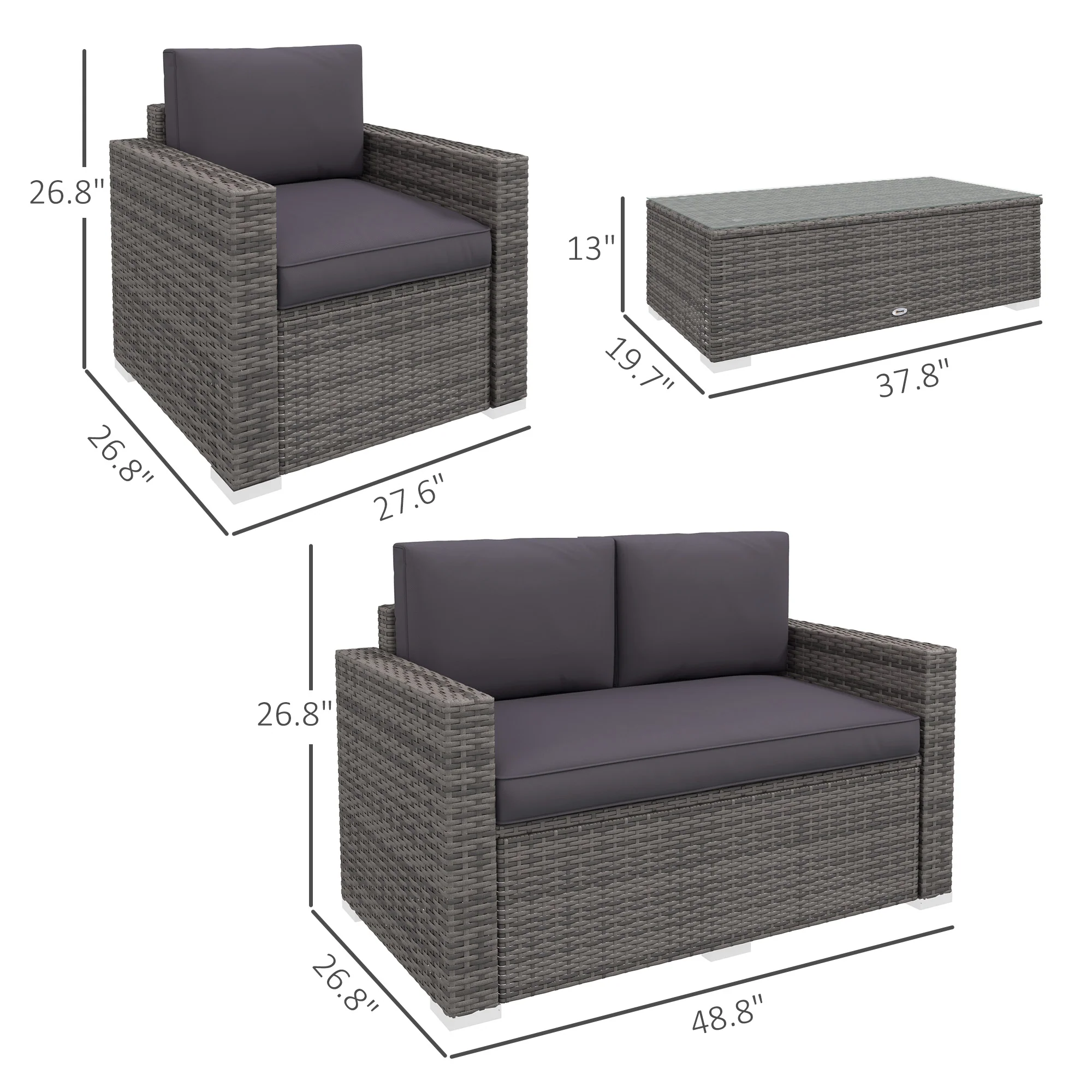 4-Piece Rattan Wicker Sofa Set with Loveseat and Glass Coffee Table for Outdoor Gray - Image 5