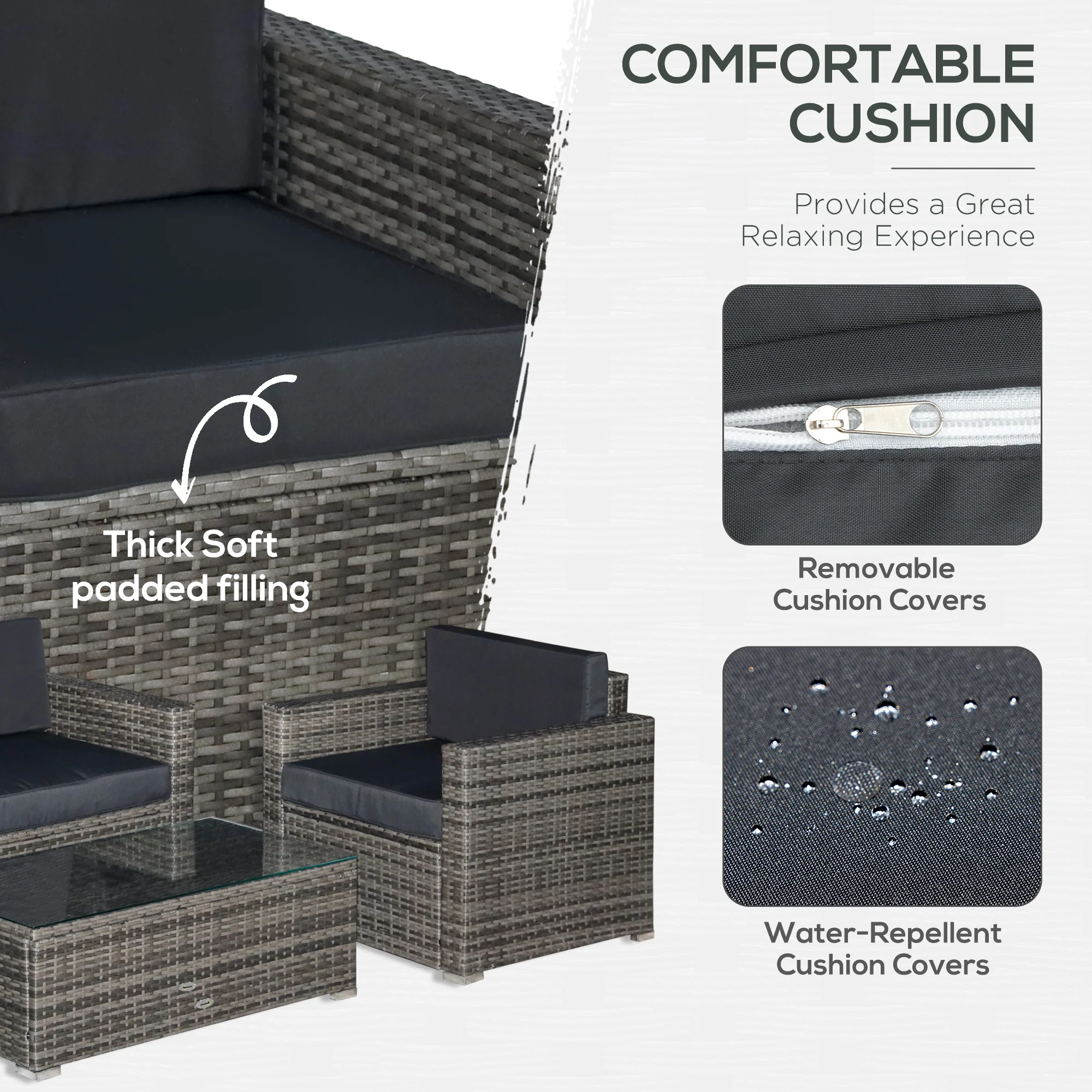 4-Piece Outdoor Wicker Sectional Set with Cushions & Glass Coffee Table, Black - Image 8