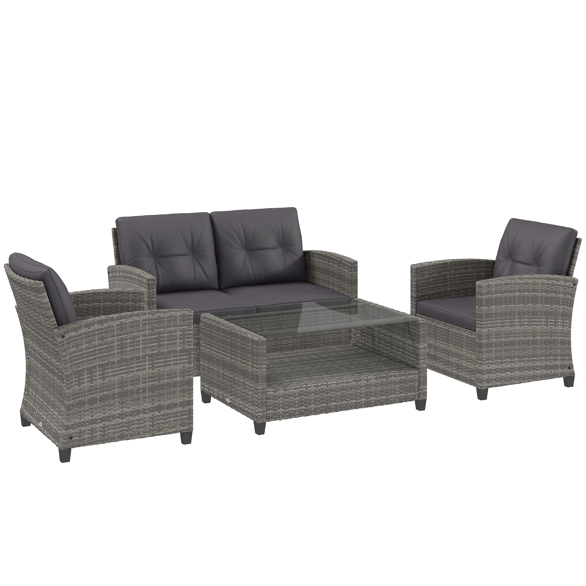 4-Piece PE Wicker Patio Set with Two-tier Coffee Table & Cushions, Charcoal