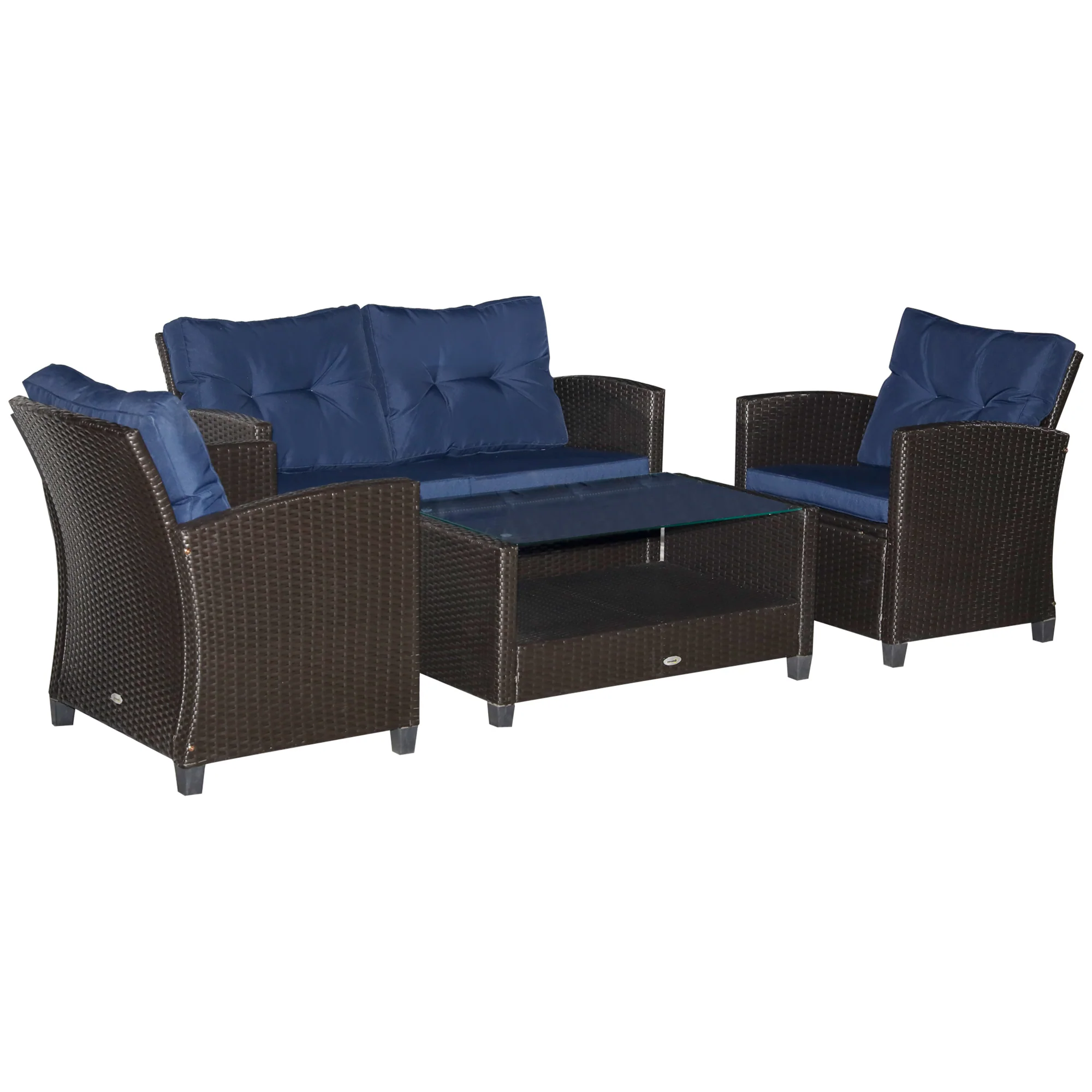4-Piece PE Rattan Patio Set with Cushions & Two-Tier Coffee Table, Blue - Image 2