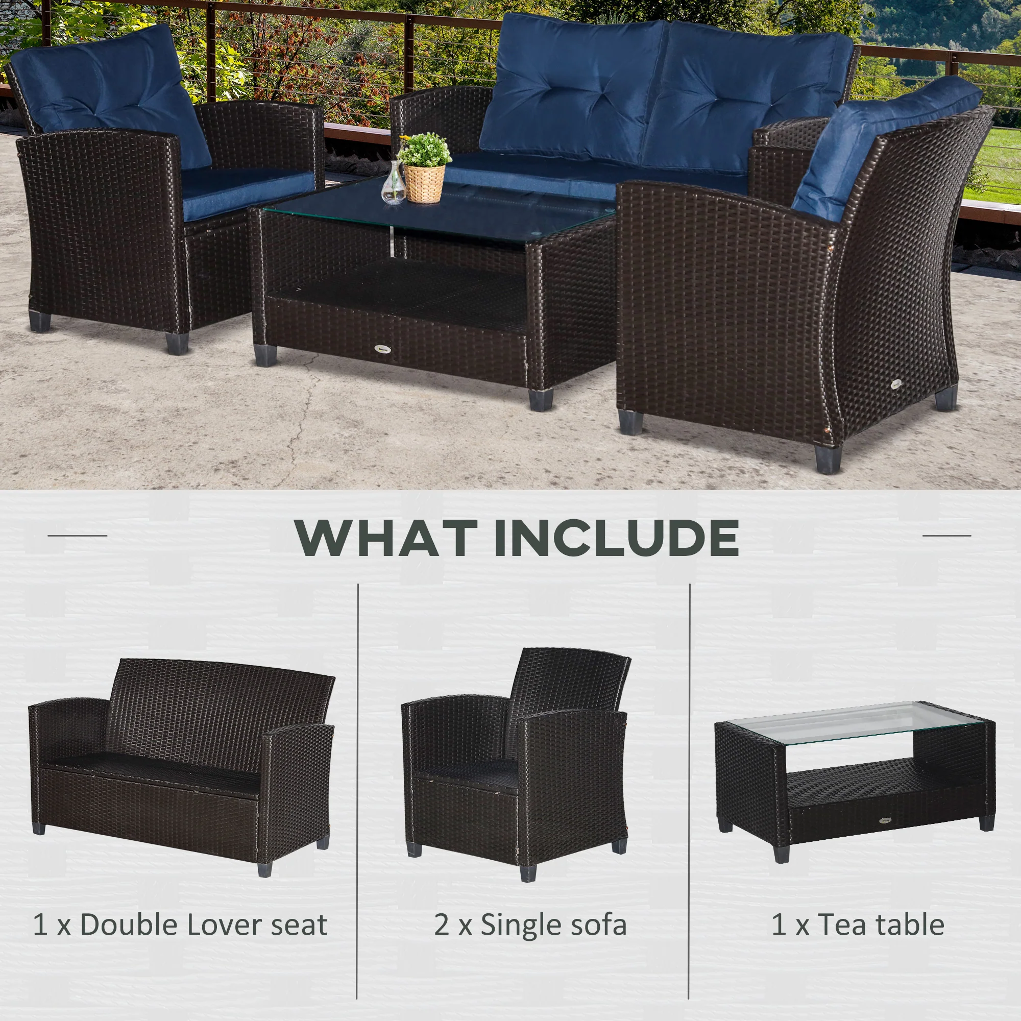 4-Piece PE Rattan Patio Set with Cushions & Two-Tier Coffee Table, Blue - Image 8