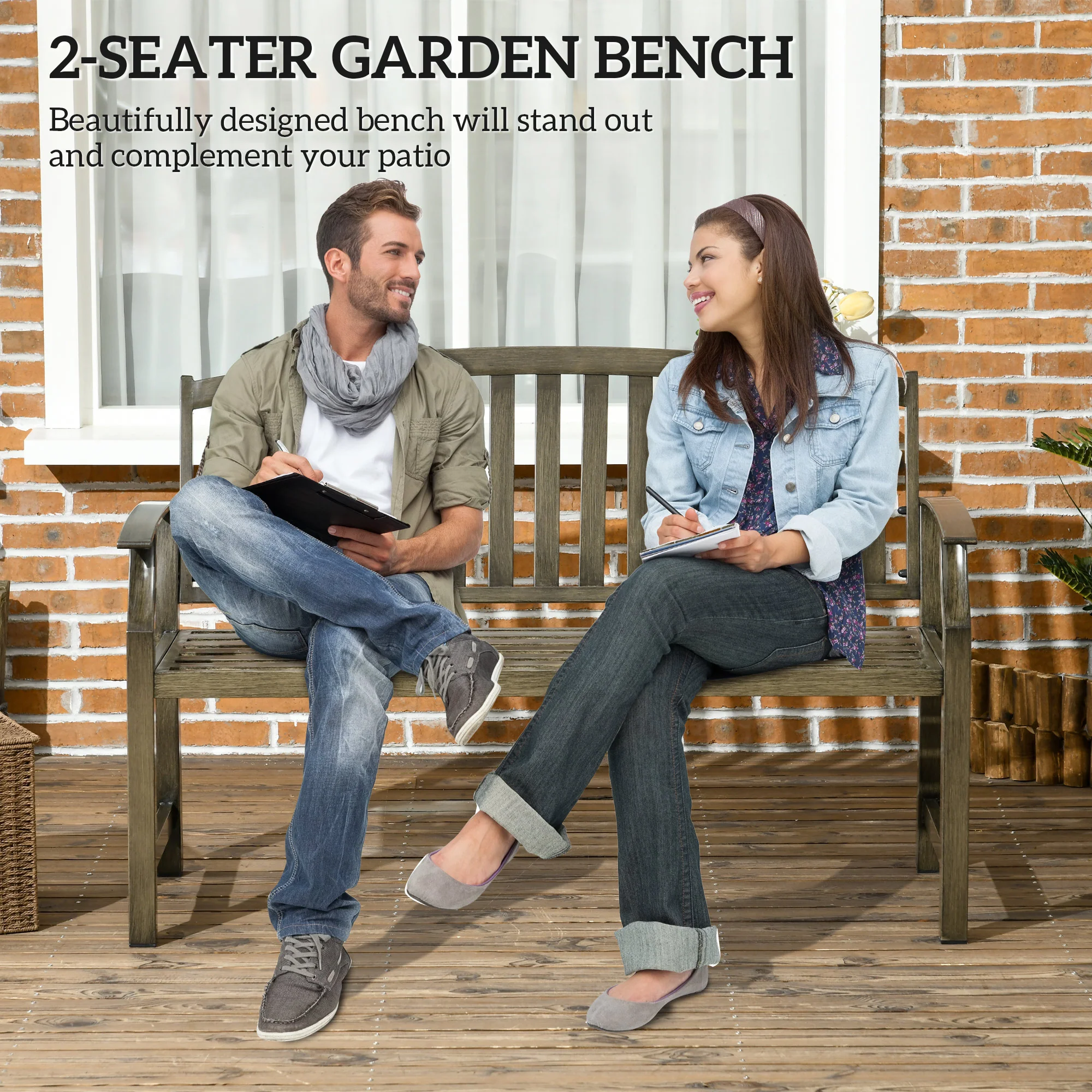 46" Outdoor Metal Bench with Wood-Look Slatted Frame, Black - Image 6