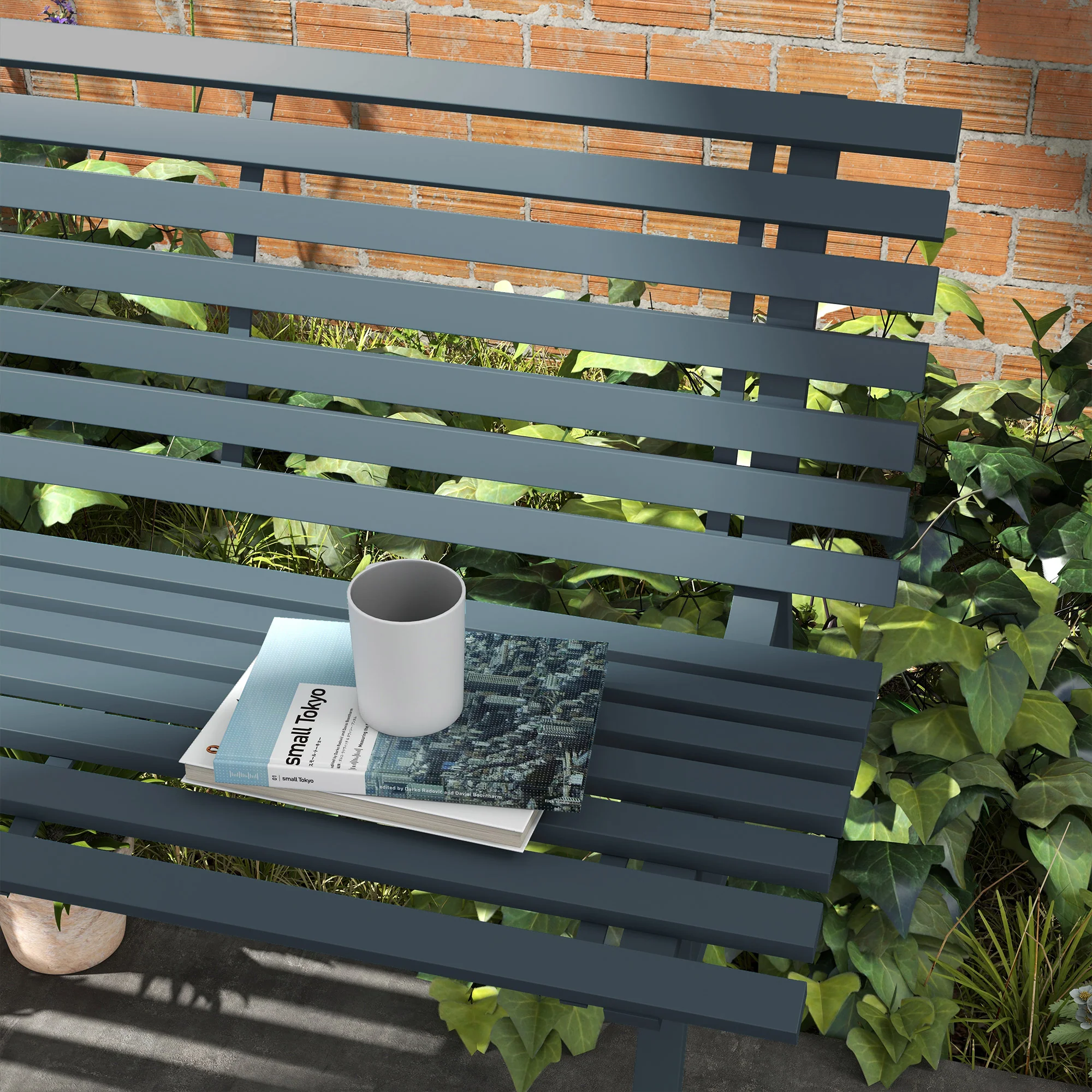 48.5" Lightweight Aluminum Outdoor Bench with Slatted Seat, Blue - Image 9