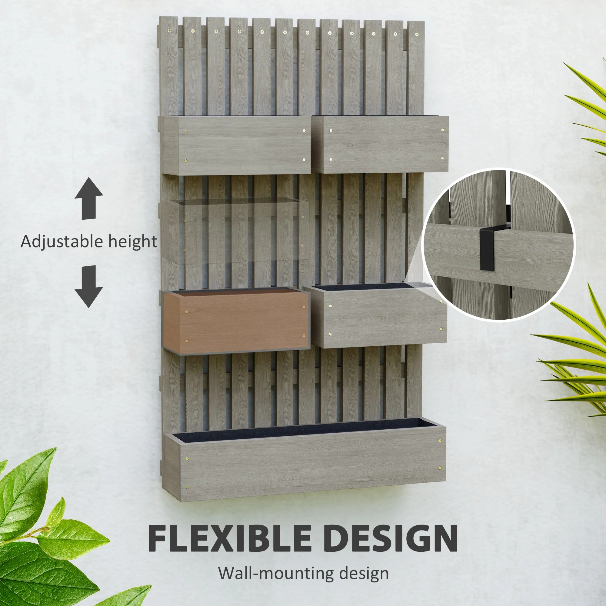 5 Box Raised Garden Bed with Trellis for Vine Flowers & Climbing Plants, 39" Tall Wall-Mounted Wood Planter Box Set with Adjustable Height, Drainage Hole, Gray - Image 7