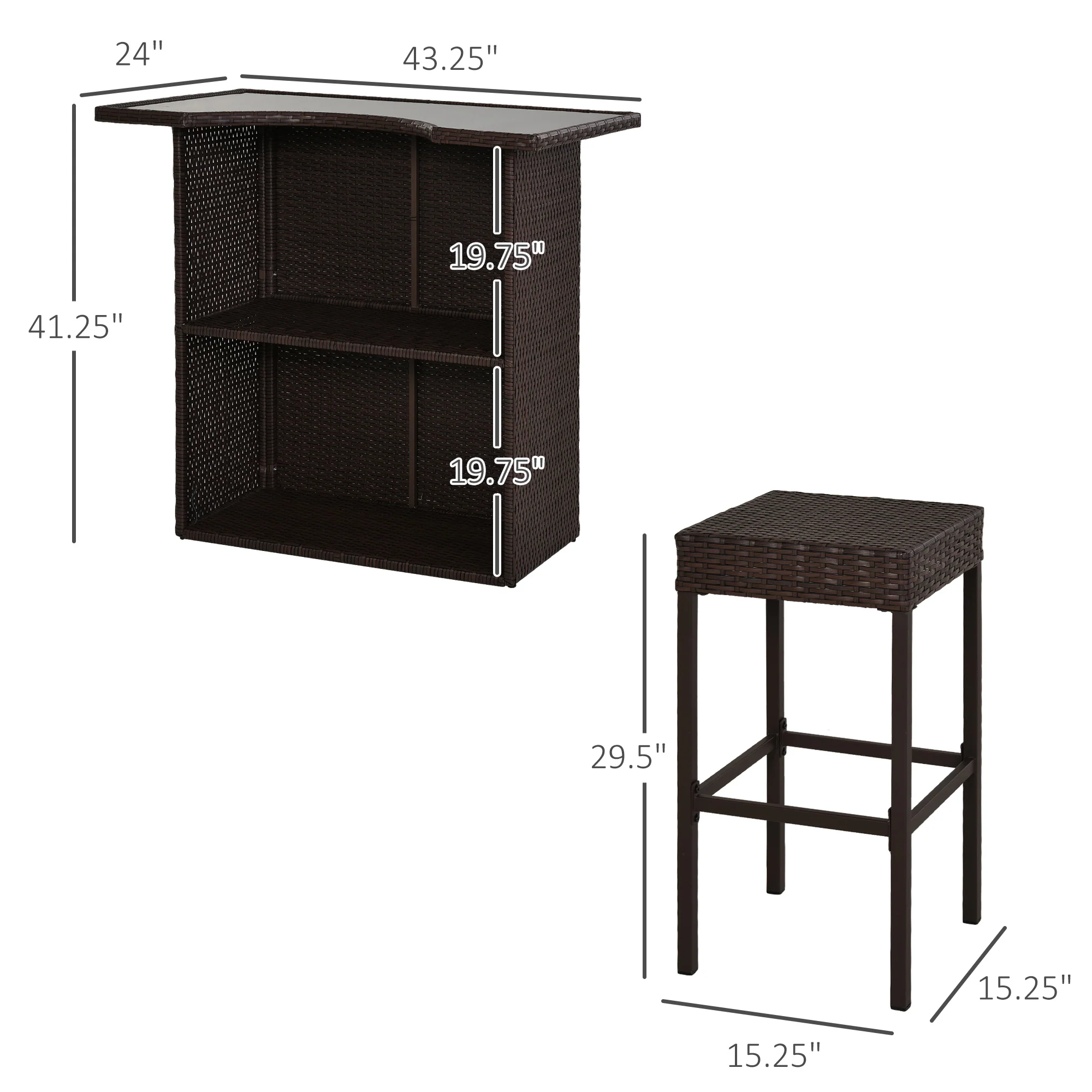 5 Pcs Rattan Wicker Bar Set with Glass Table Top 2 Tier Storage Shelf, and 4 Bar Stools, Dark Brown - Image 5