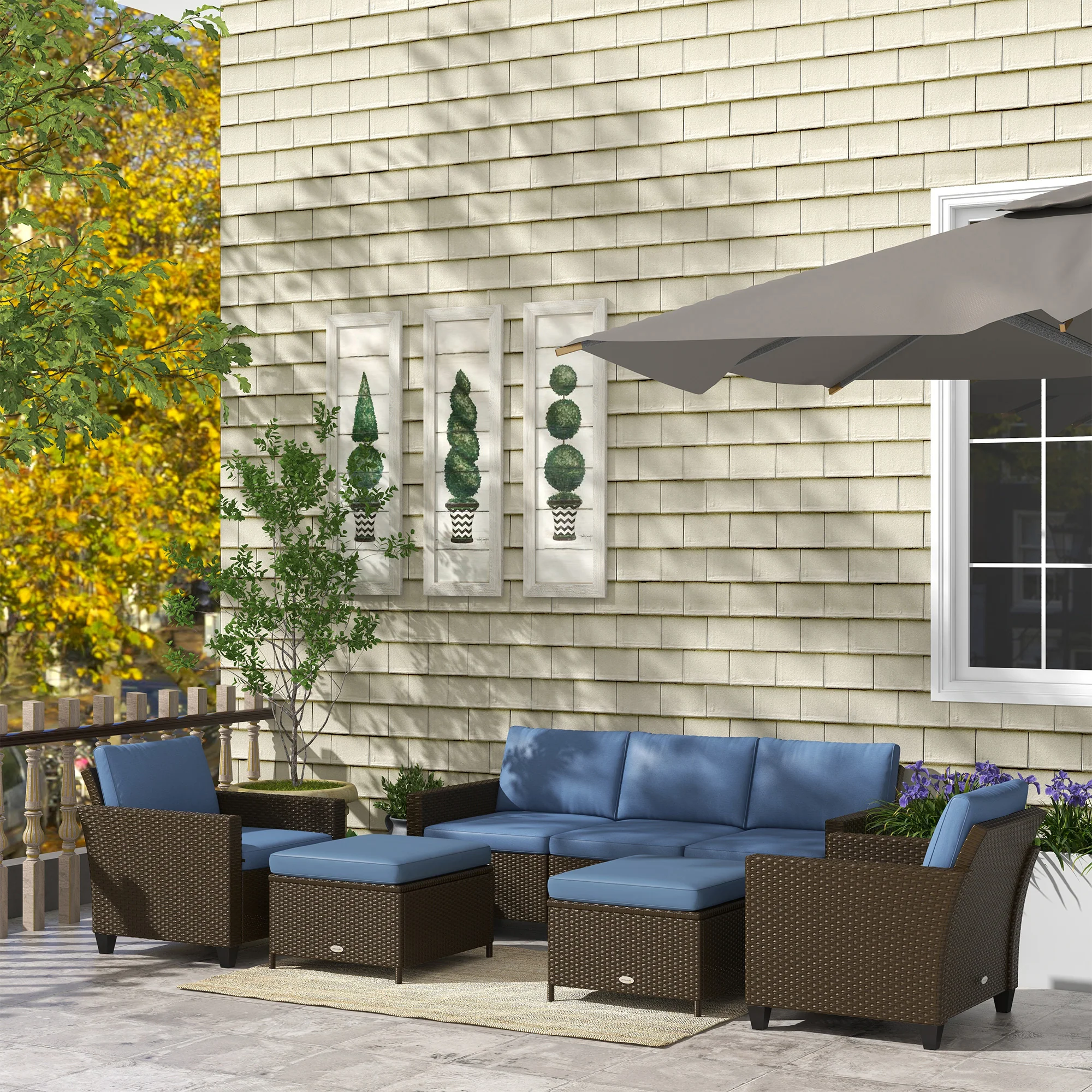 5-Piece Patio Furniture Set with PE Rattan Sofa, Armchairs, Footstools, Cushions, Deep Coffee - Image 4