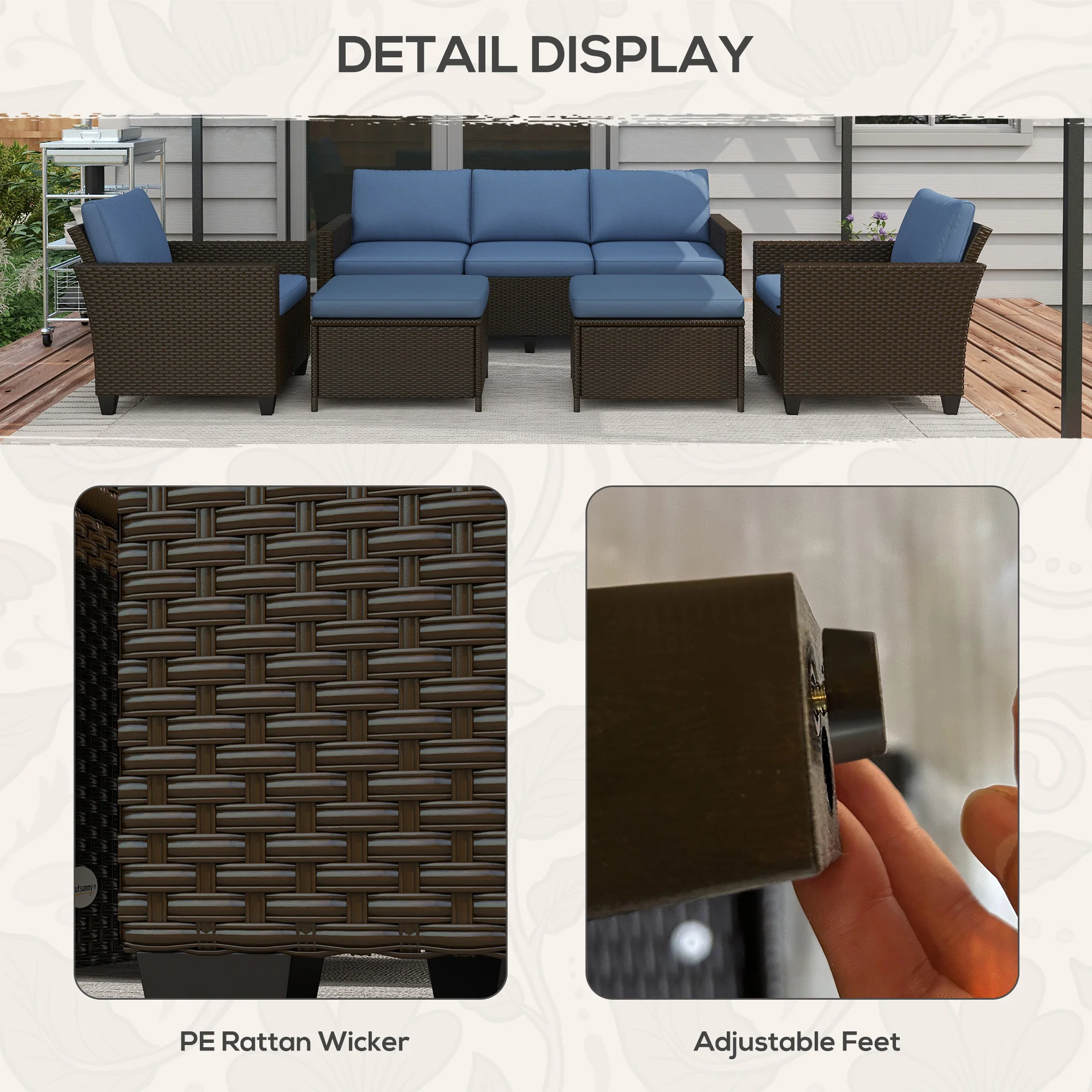 5-Piece Patio Furniture Set with PE Rattan Sofa, Armchairs, Footstools, Cushions, Deep Coffee - Image 8