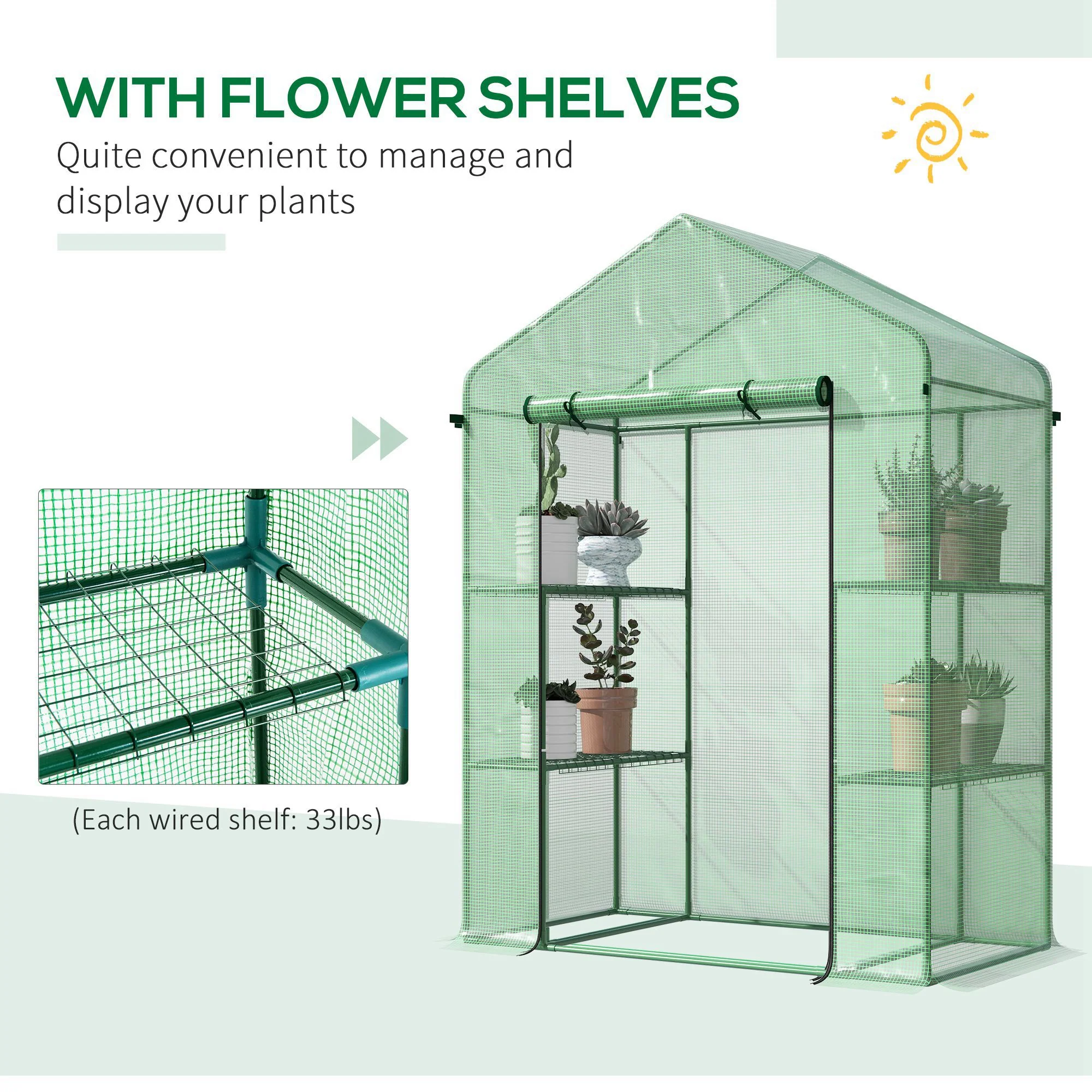 5' x 2.5' x 6.5' Mini Walk-in Greenhouse Kit, Portable Green House with 3 Tier Shelves, Green - Image 9