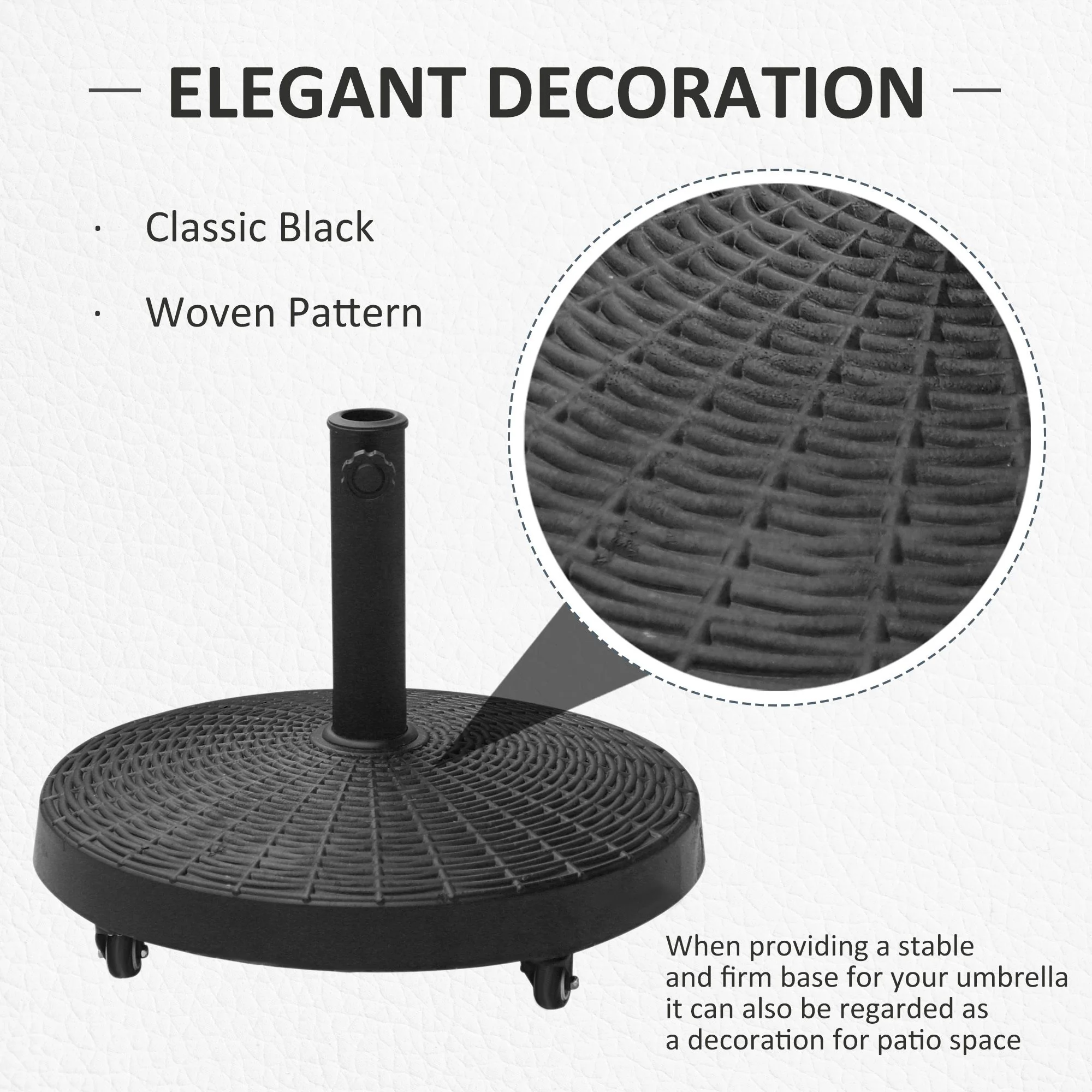 50 lbs. Umbrella Base, 20.5", Round Heavy Duty Umbrella Stand with Wheels for 1.5" or 2" Umbrella Poles, Patio Market Stand for Outdoor, Lawn, Deck, Poolside, Black - Image 6
