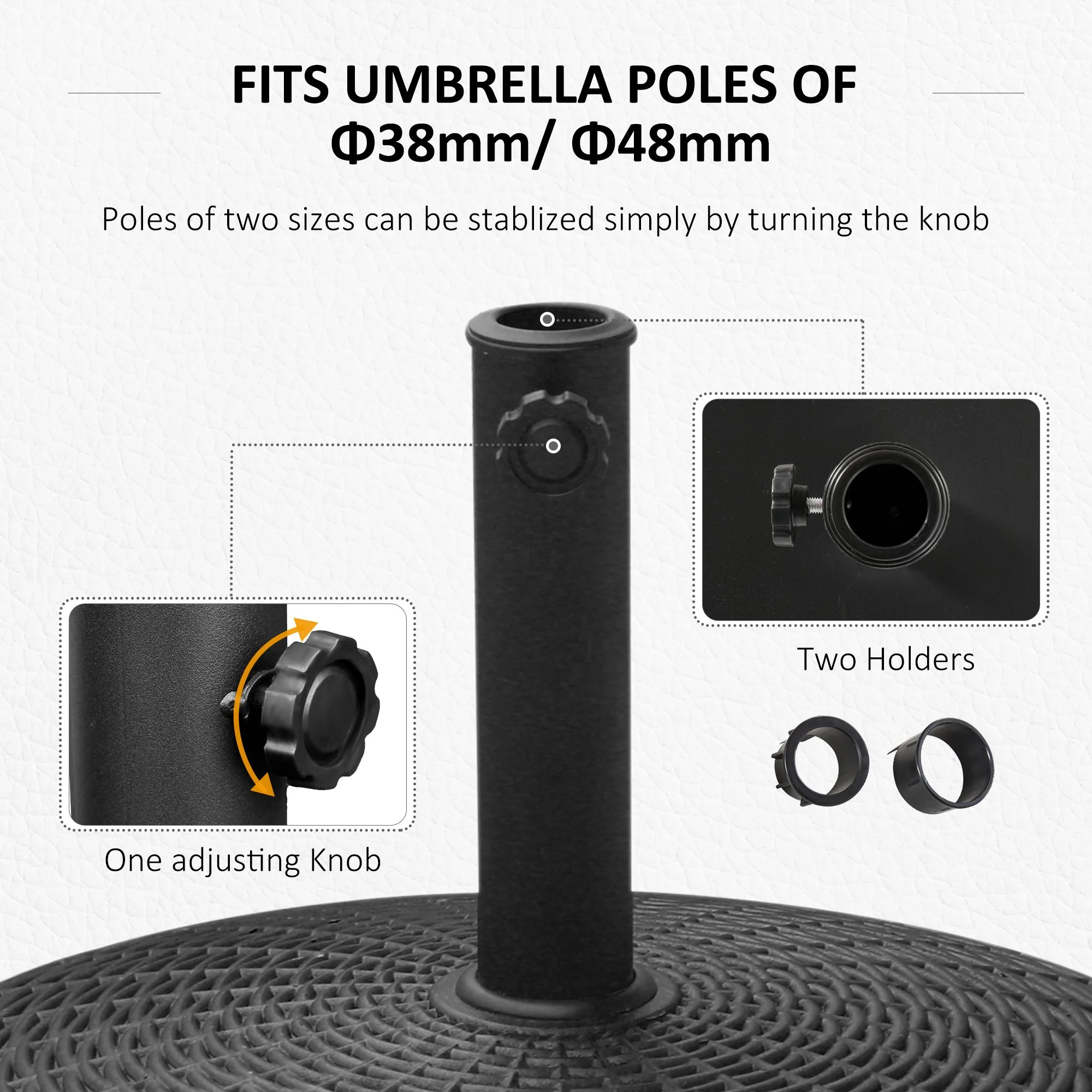 50 lbs. Umbrella Base, 20.5", Round Heavy Duty Umbrella Stand with Wheels for 1.5" or 2" Umbrella Poles, Patio Market Stand for Outdoor, Lawn, Deck, Poolside, Black - Image 7