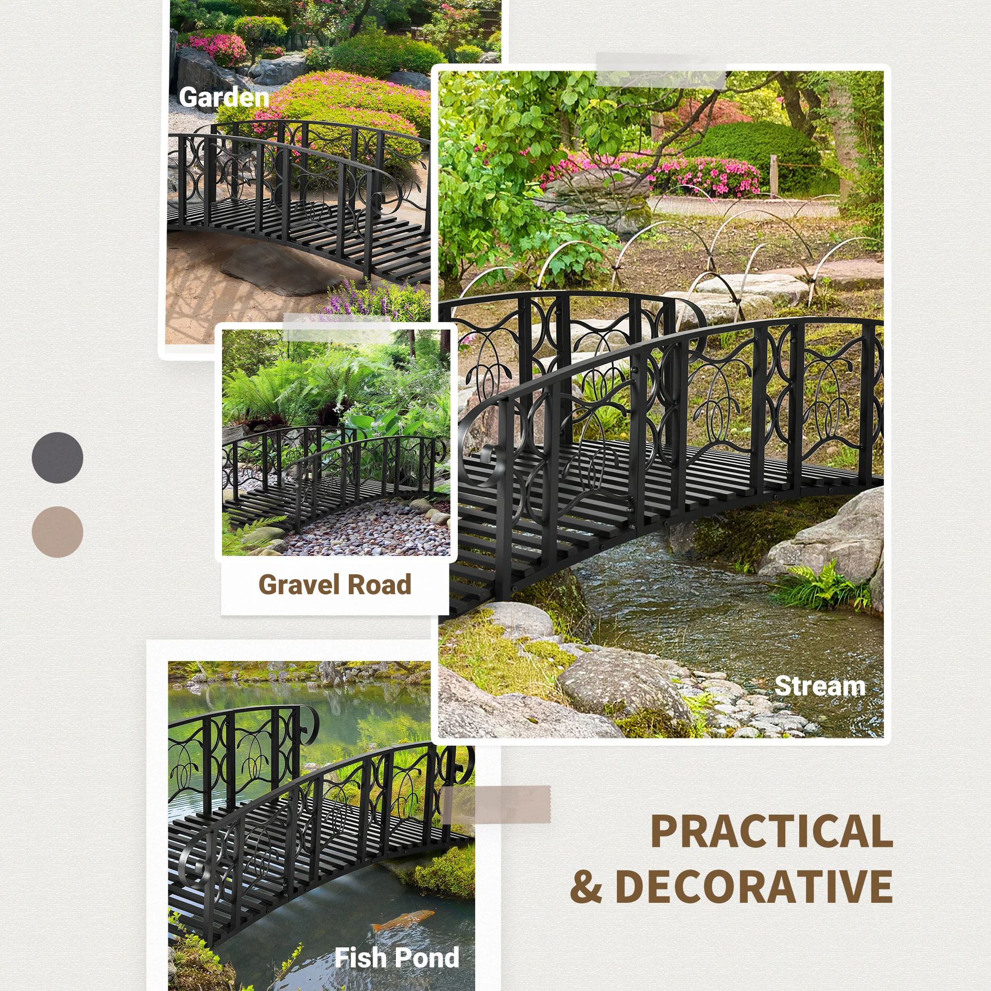 6' Metal Arch Garden Bridge with Safety Rails & Vine Design, 660 lbs Capacity, Black - Image 9