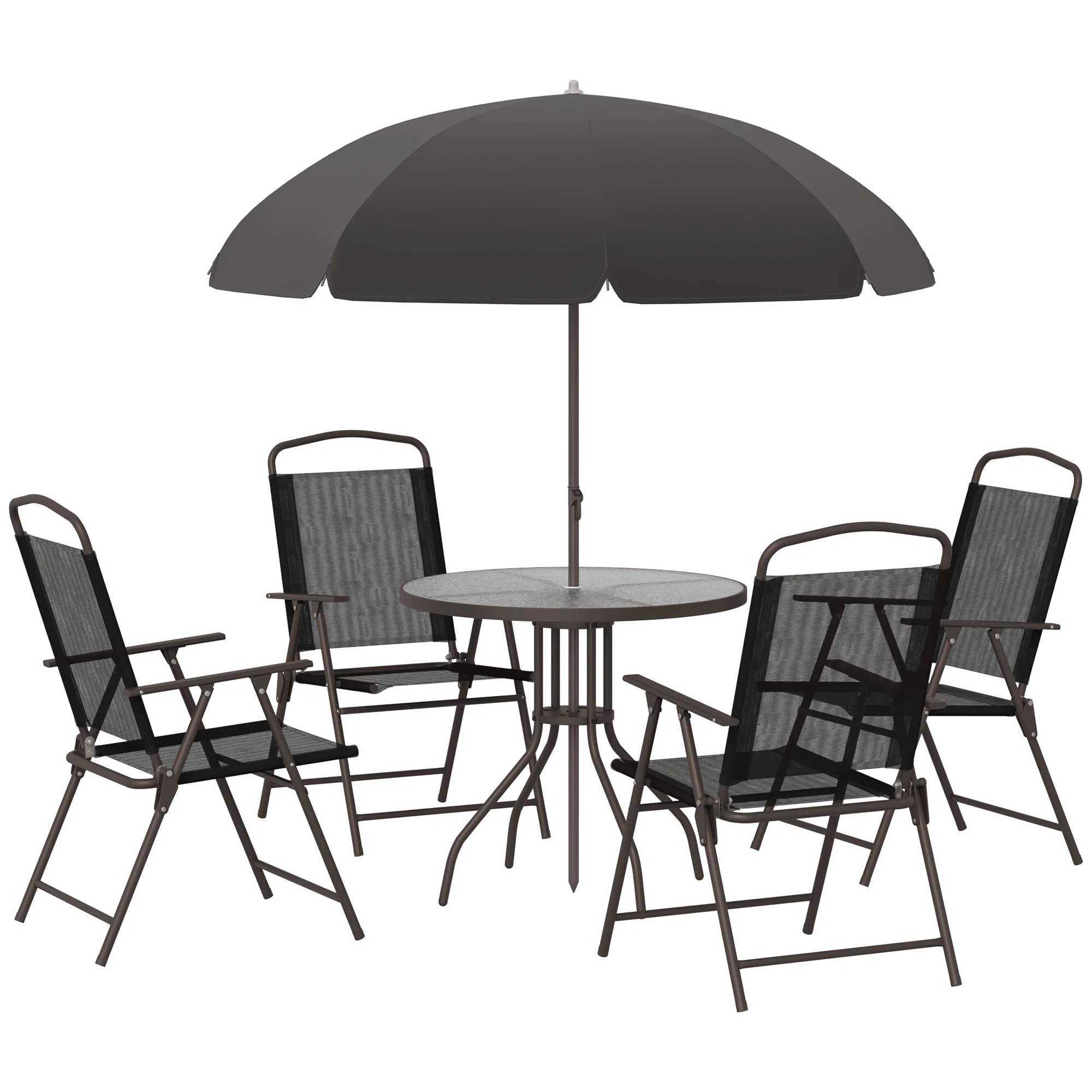 6 Piece Outdoor Dining Sets for 4 with Umbrella, 4 Folding Chairs & Round Glass Table, Black
