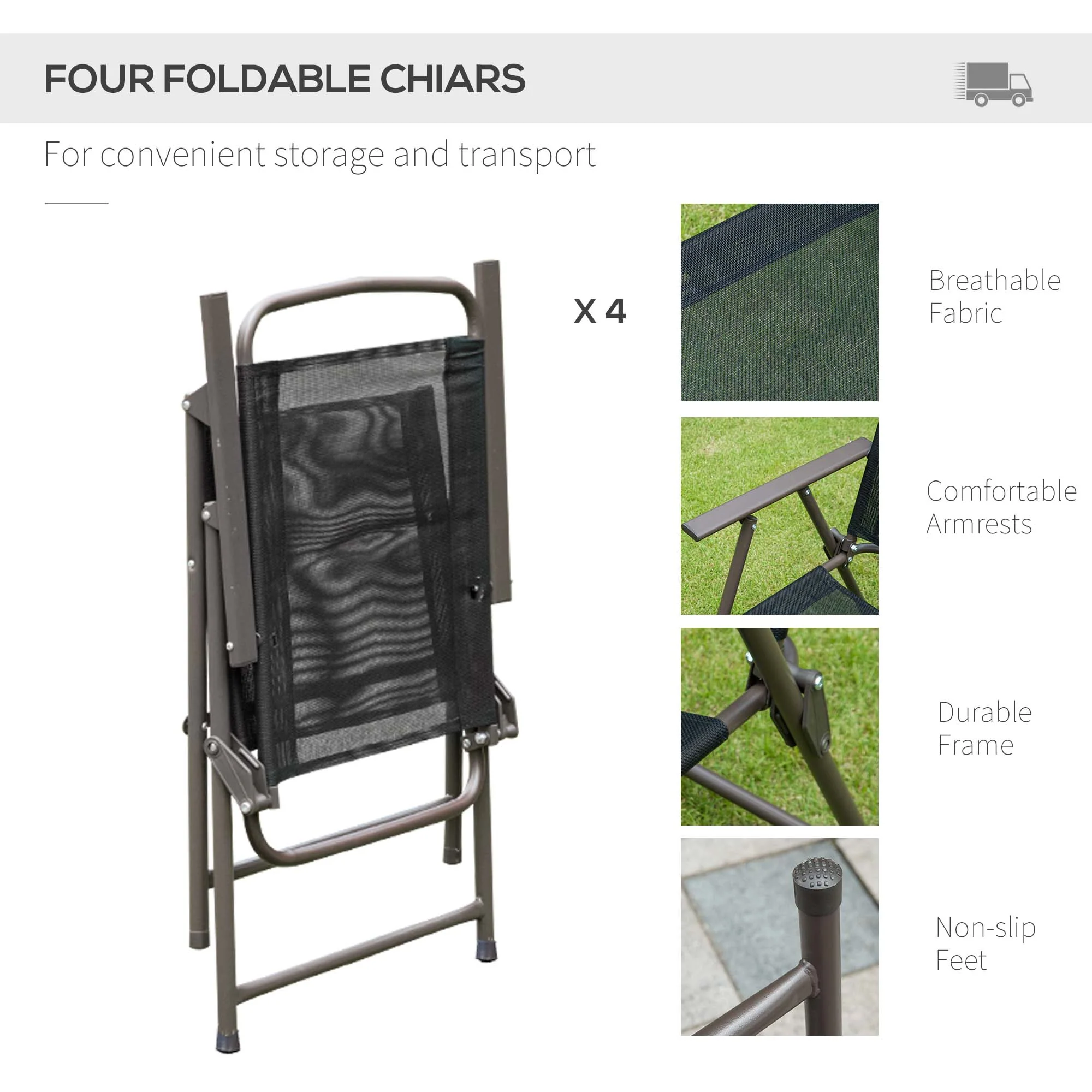 6 Piece Outdoor Dining Sets for 4 with Umbrella, 4 Folding Chairs & Round Glass Table, Black - Image 9