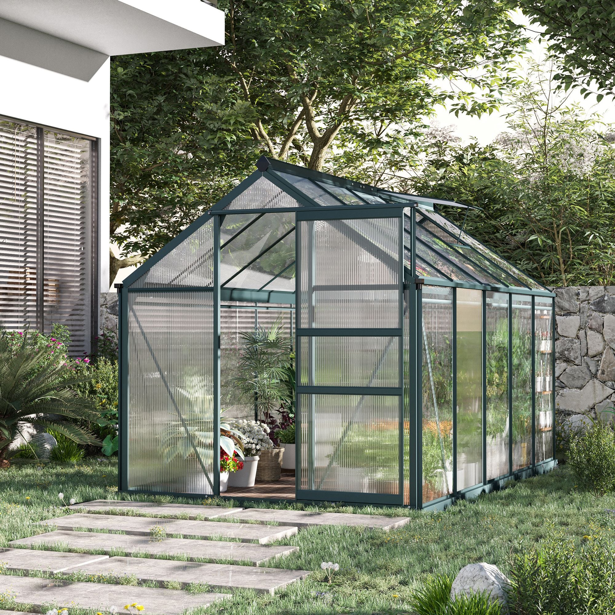 BloomGreen 6' x 10' Greenhouse with Rain Gutter and Roof Vent Dark Green - Image 4