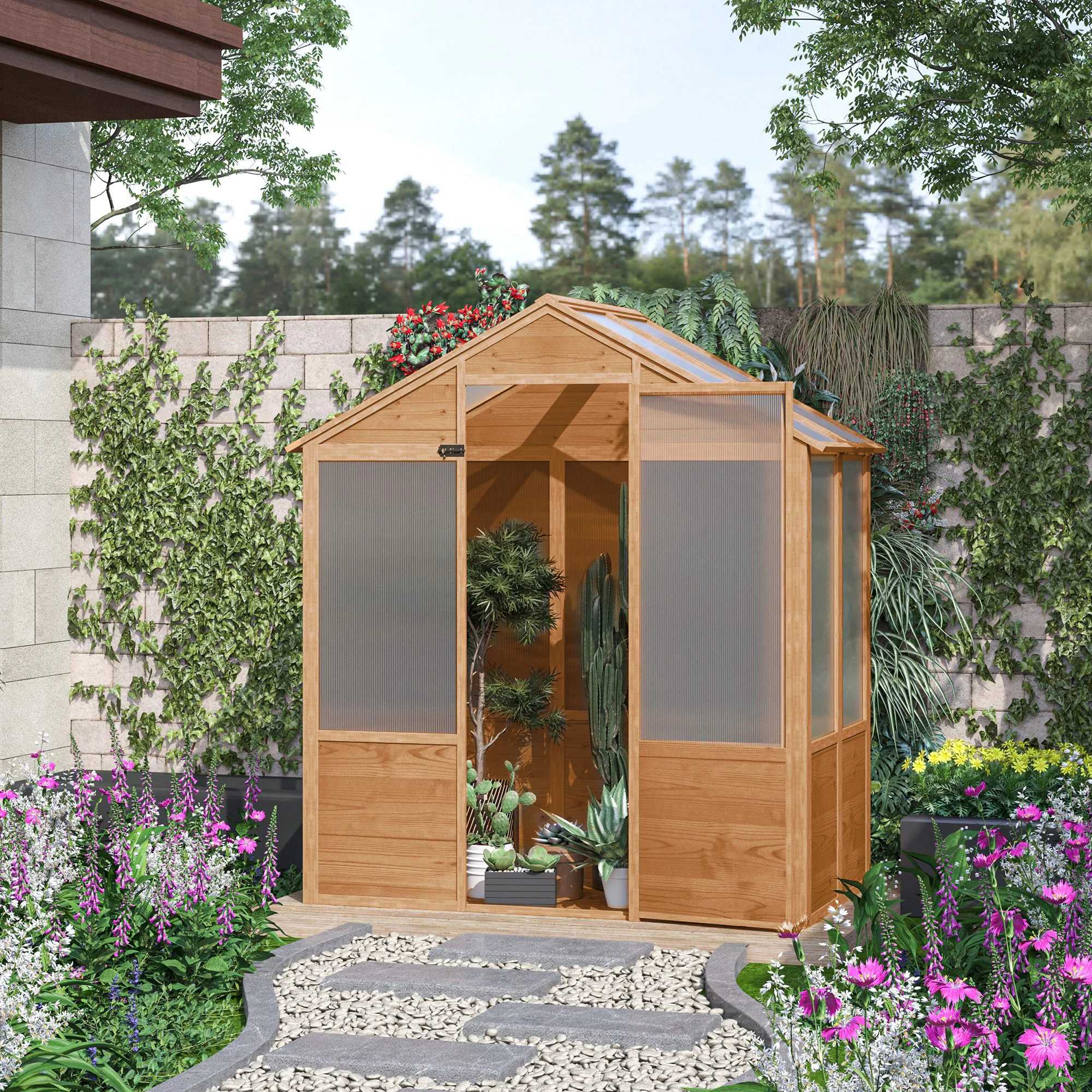 6' x 4' x 7' Wooden Frame Walk-in Greenhouse with Lockable Door, Rustic Brown - Image 4