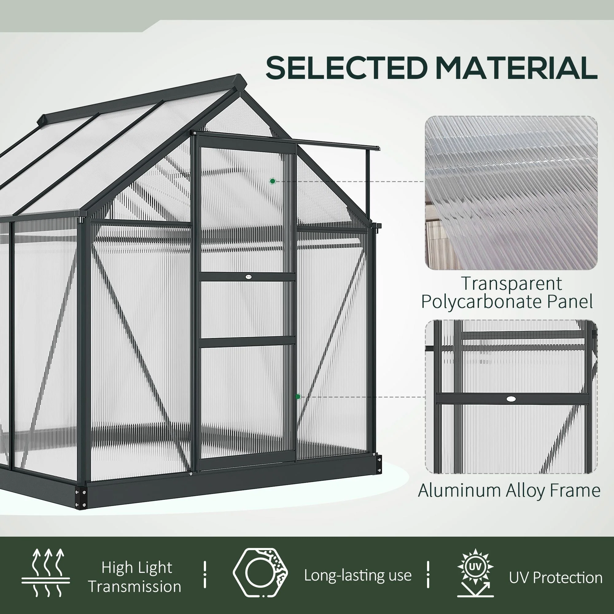 6' x 6' Polycarbonate Greenhouse with Rain Gutter and Roof Vent for Outdoor Garden, Gray - Image 7