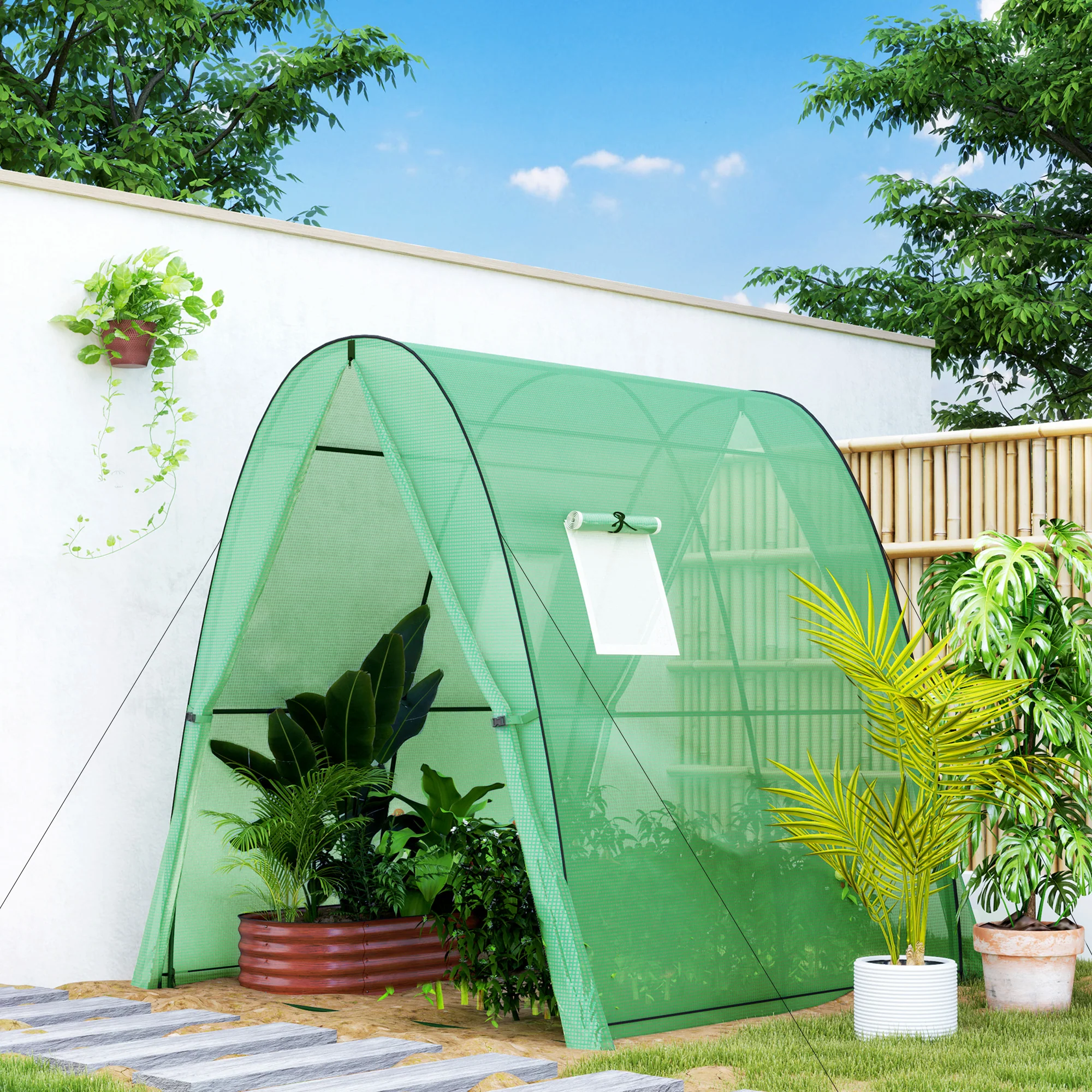 6' x 6' x 6.6' Hoop House Greenhouse with Sandbags and Cover, Tunnel Green House with 2 Doors, Green - Image 4
