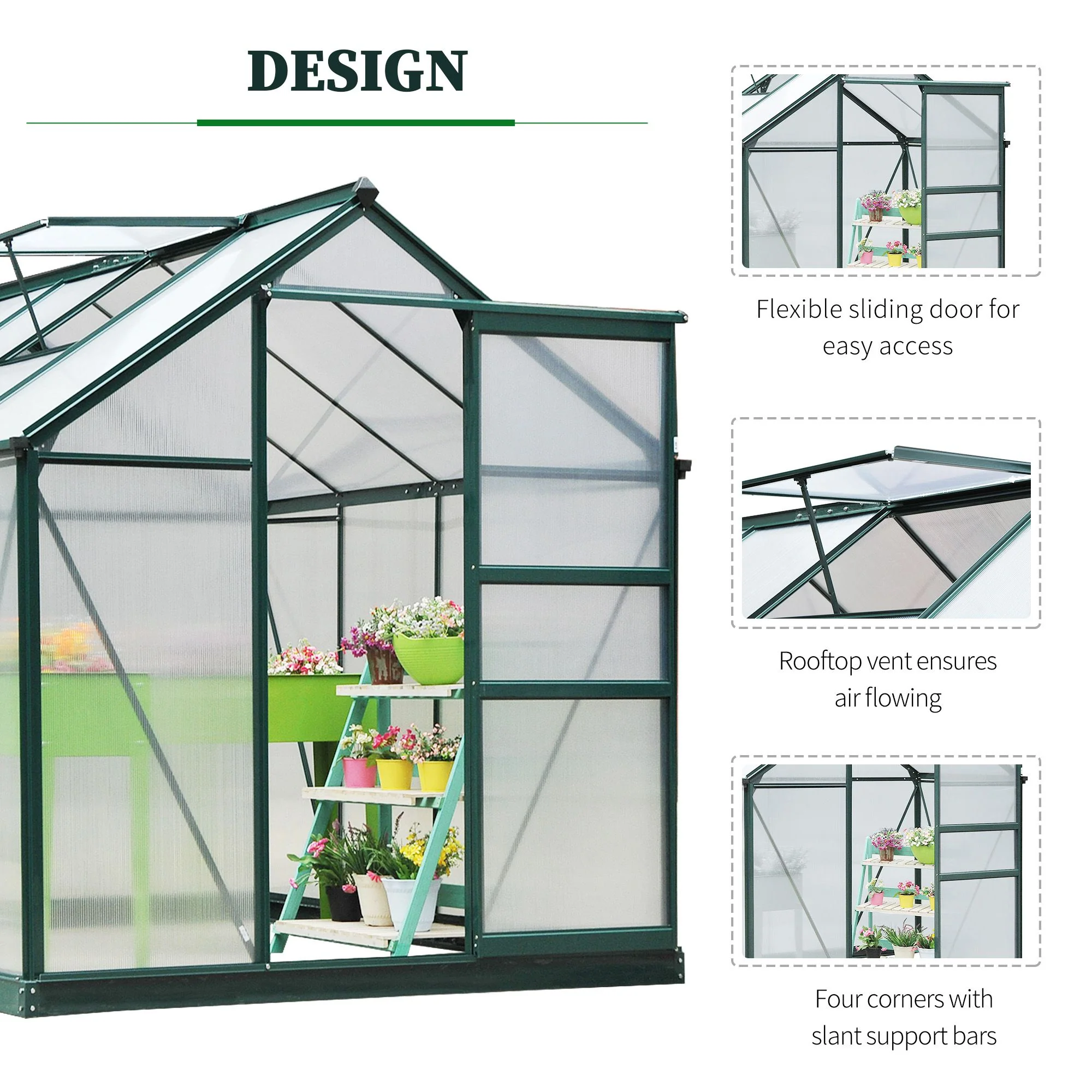 BloomGreen 6' x 8' Greenhouse with Rain Gutter and Roof Vent Dark Green - Image 7