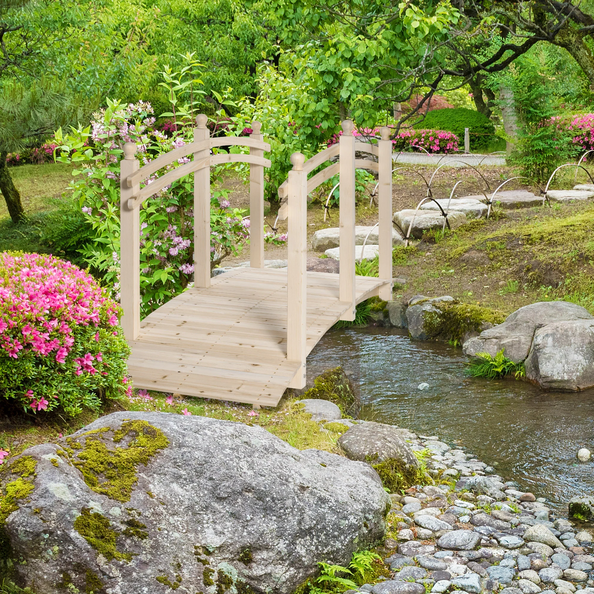 7.5' Wooden Arch Garden Bridge with Safety Rails, Natural Wood Tone - Image 3