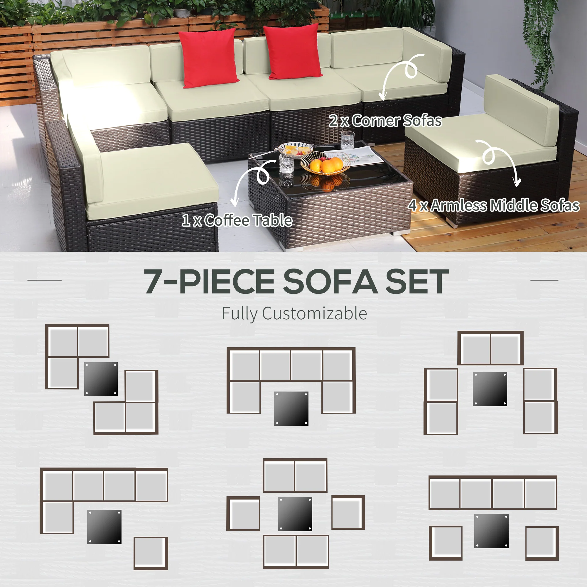 7-Piece PE Wicker Outdoor Sectional Set with Cushions & Glass Coffee Table, Beige - Image 8