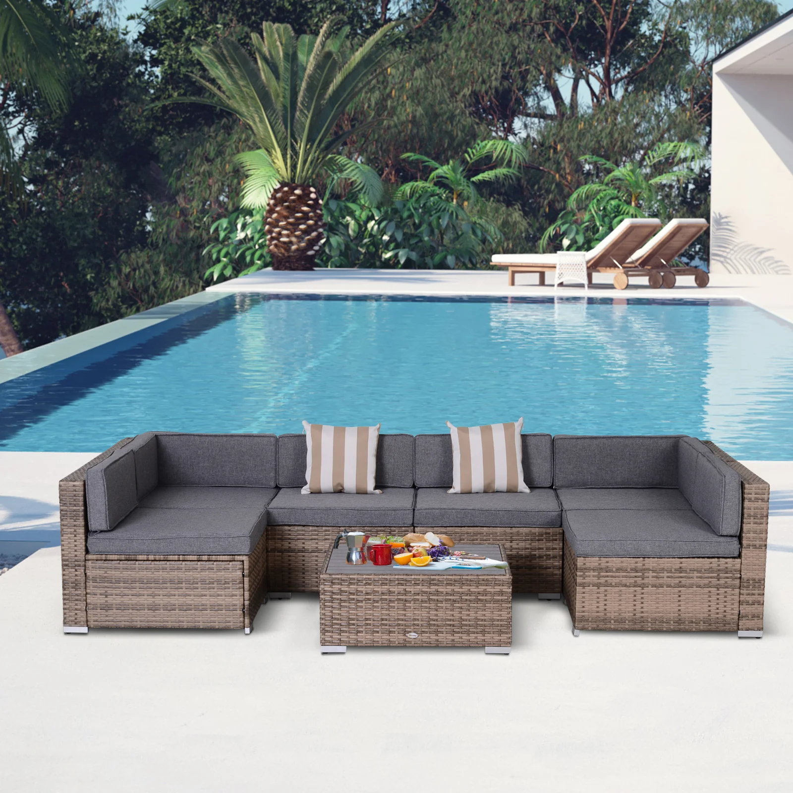 7-Piece Outdoor Rattan Conversation Set with Cushions and Tea Table, Gray - Image 3