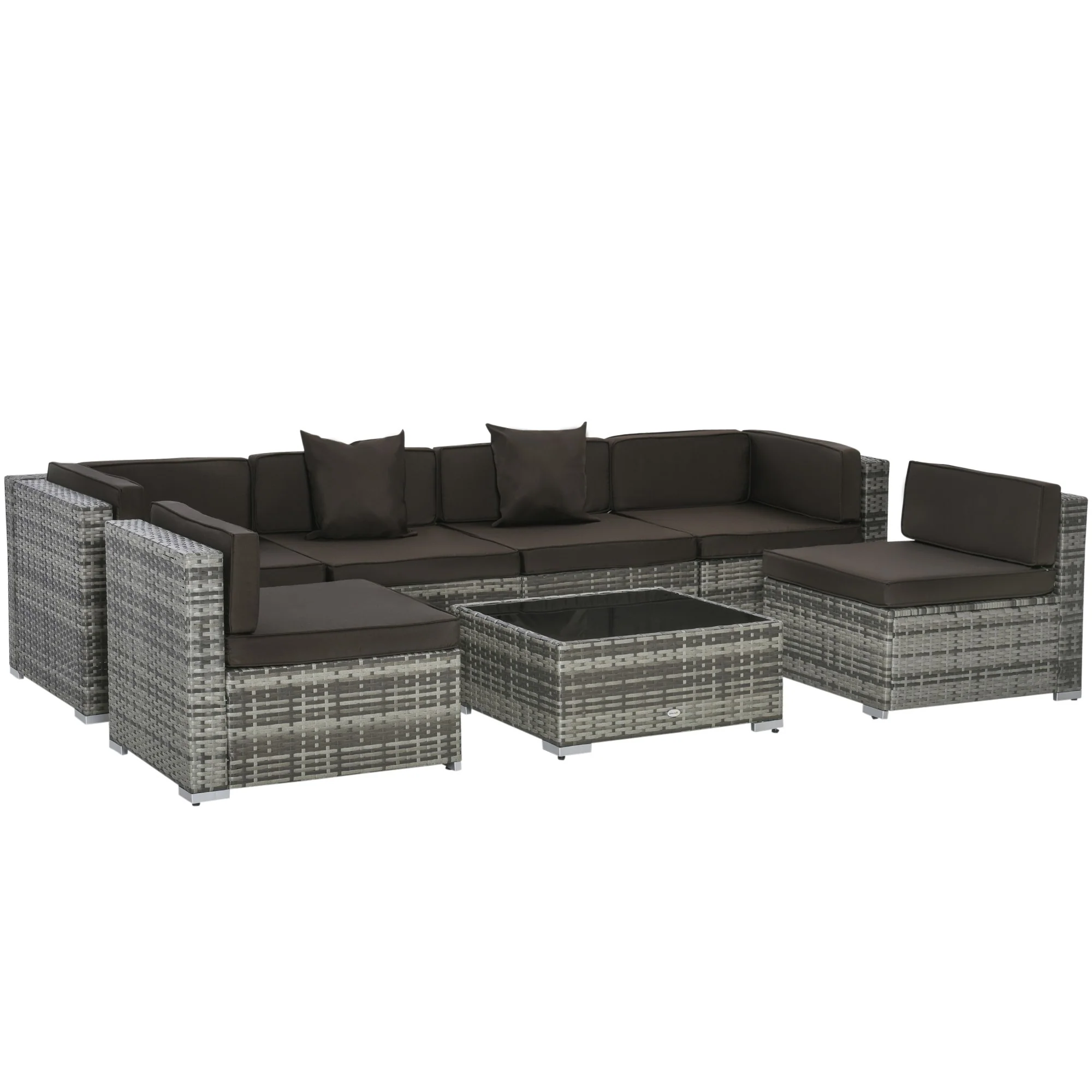 7-Piece All-Weather PE Rattan Sofa Set with Cushions & Pillows, Tempered Glass Table, Charcoal