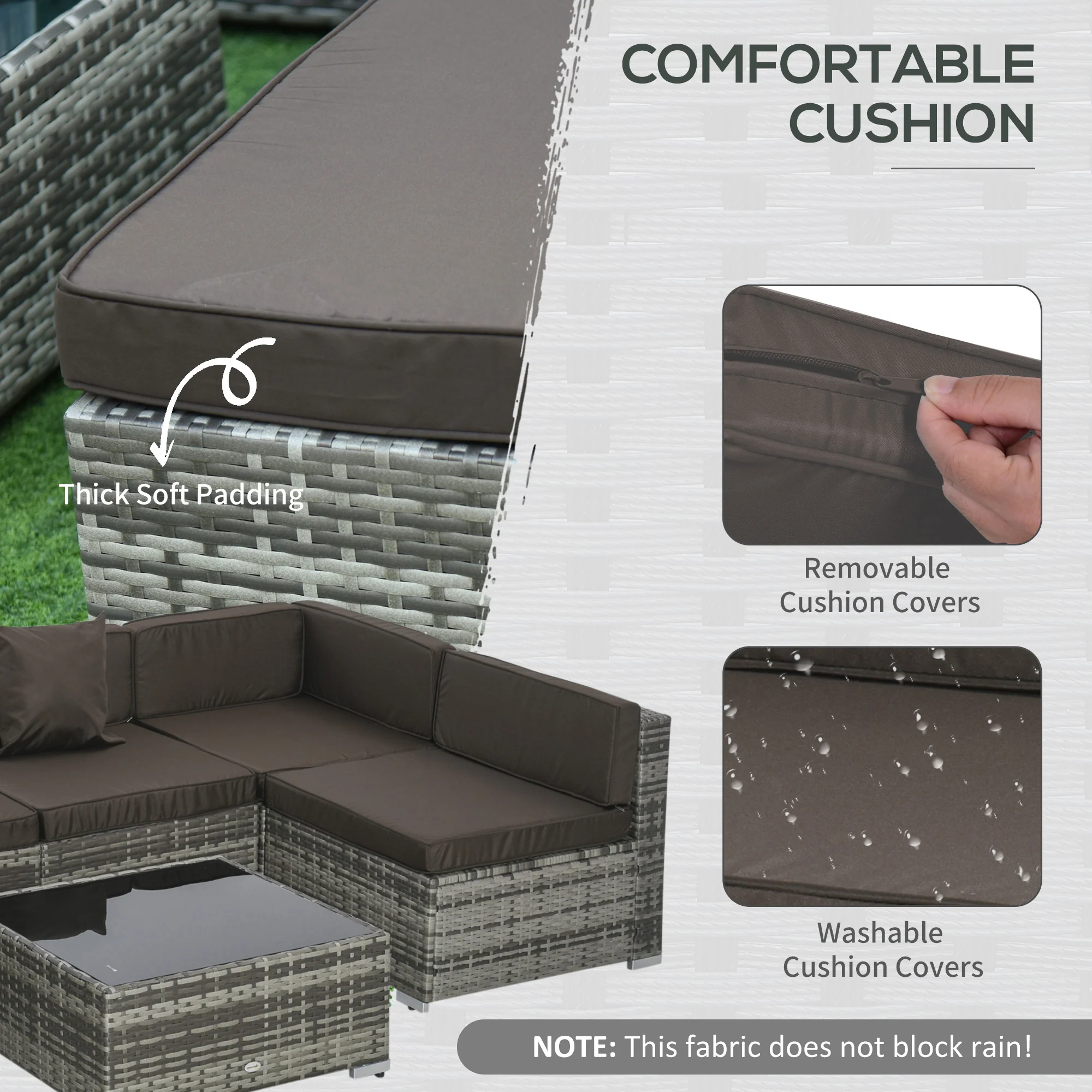 7-Piece All-Weather PE Rattan Sofa Set with Cushions & Pillows, Tempered Glass Table, Charcoal - Image 7