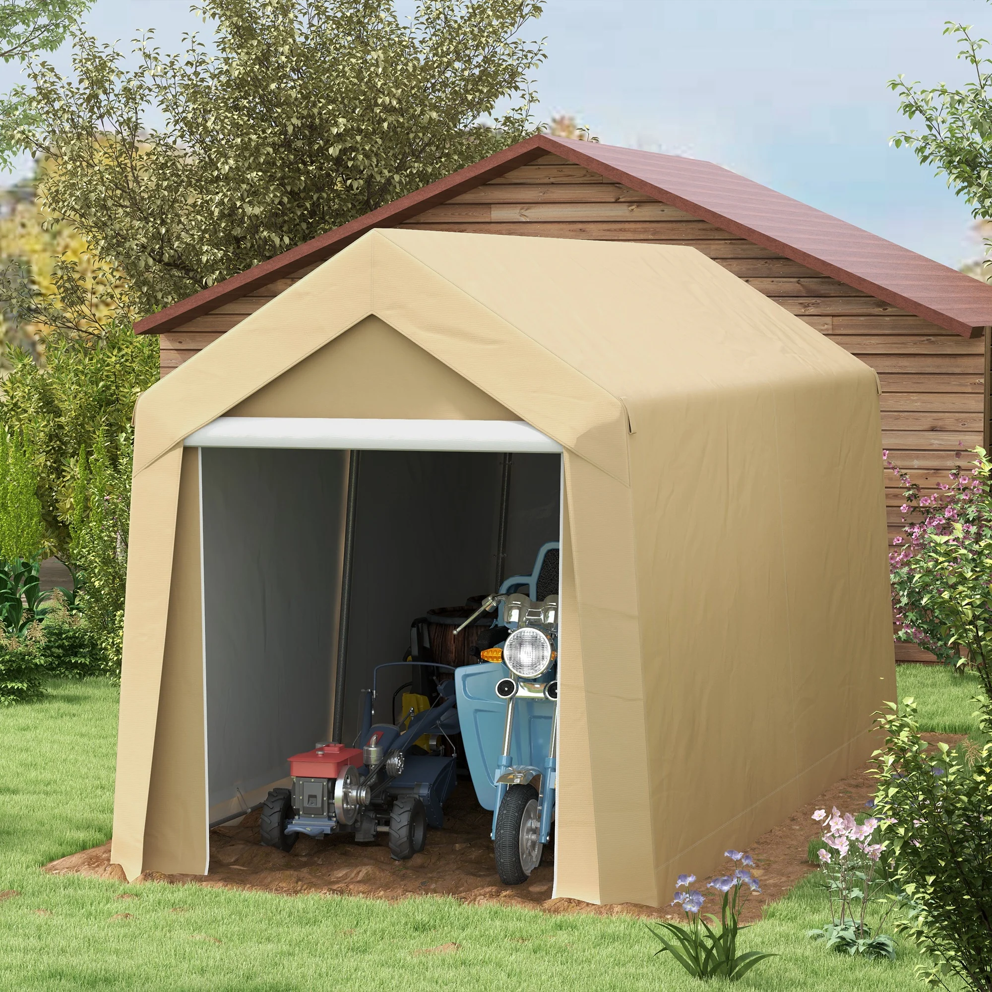 7' x 12' Portable Shed, Heavy Duty & Waterproof Storage Tent for Motorcycle, Tools, Beige - Image 3