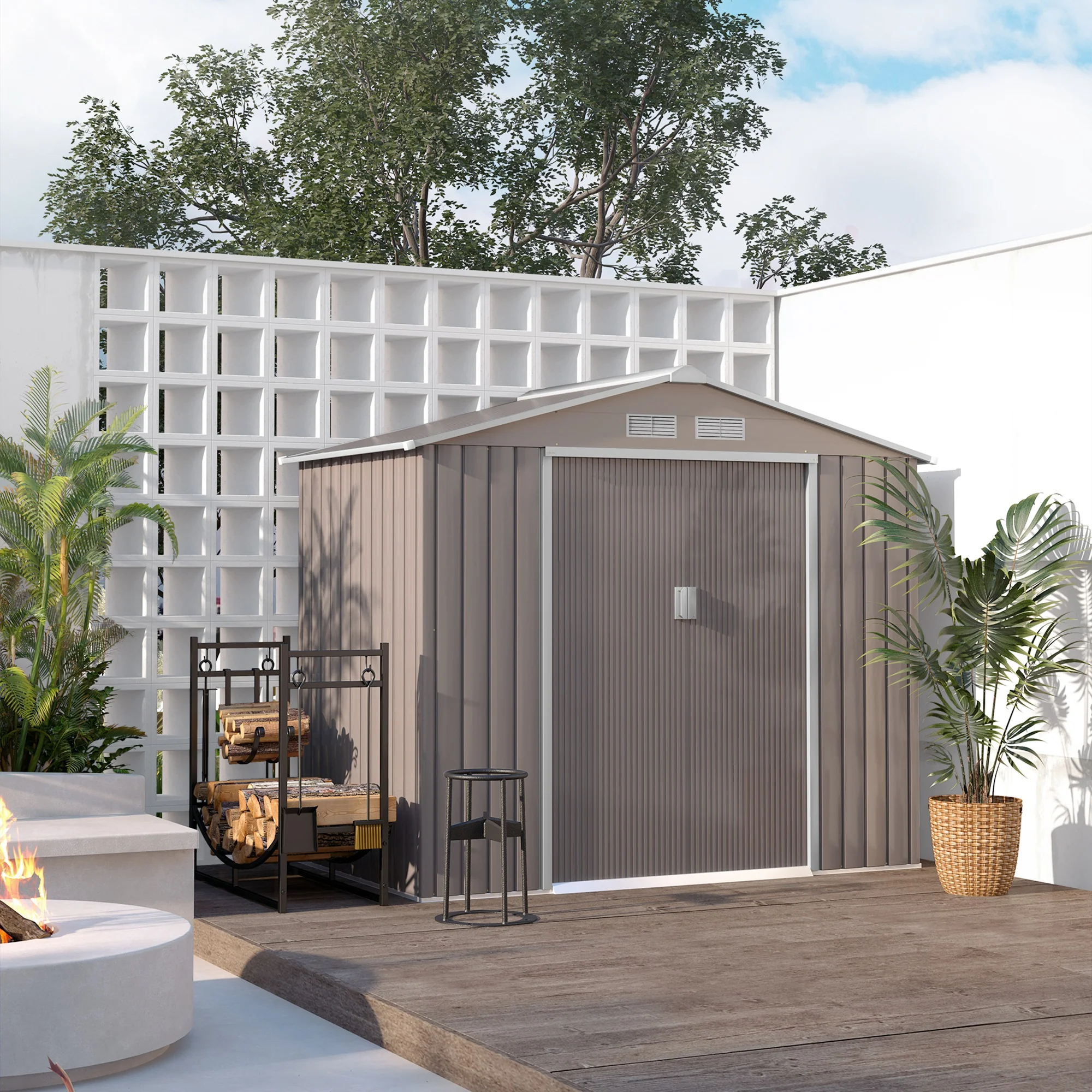 EverBase 7' x 4' Outdoor Storage Shed with Foundation Kit, Double Lockable Door & Air Vents, Gray - Image 10