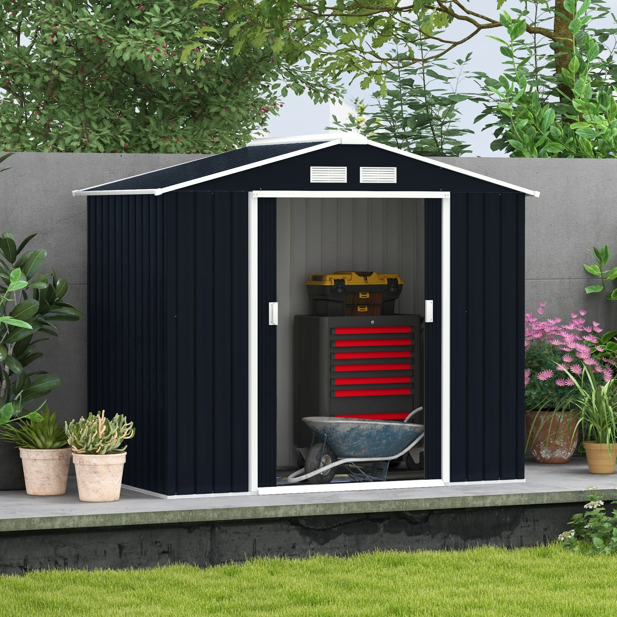 EverBase 7' x 4' Outdoor Storage Shed with Foundation Kit, Double Lockable Door & Air Vents, Dark Gray - Image 4