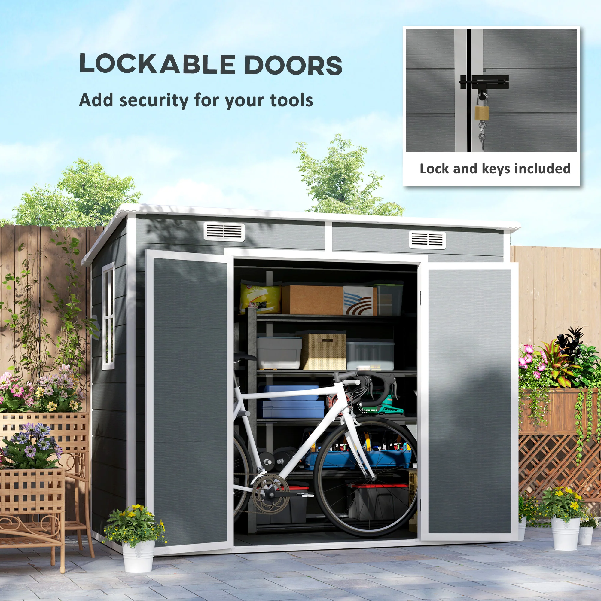 EverBase 8' x 4' Outdoor Storage Shed with Window, Lockable Doors and Vents, Gray - Image 8