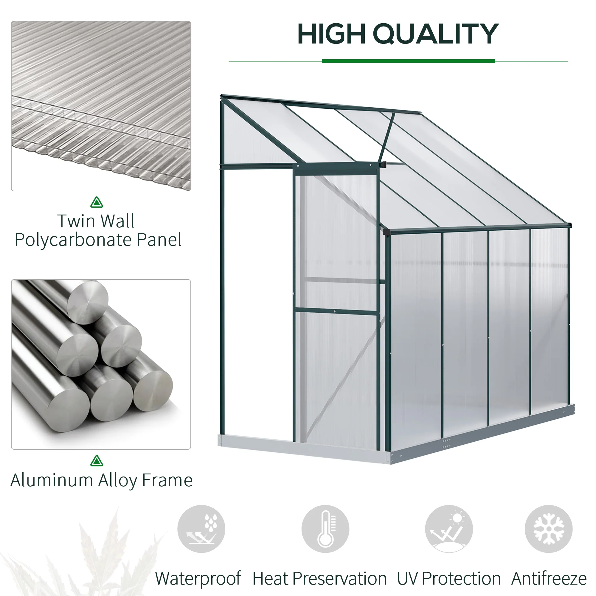 8' x 4' x 7' Walk-in Lean-To Greenhouse with Aluminum Frame, Sliding Door, Roof Vent, Green - Image 8