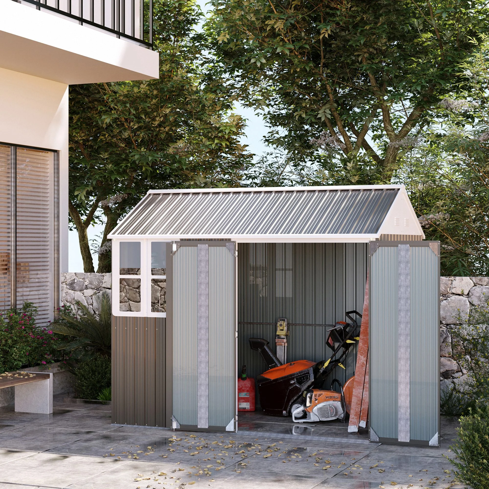 8' x 5.5' Extra Large Garden Shed, Tool Storage with Window, Metal Sloped Roof, Gray - Image 3